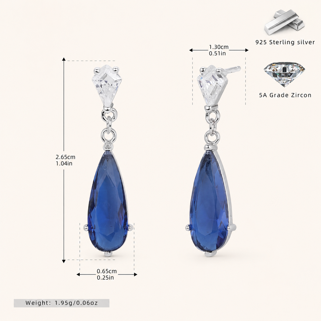 Sterling Silver Zirconia Teardrop Stud Earrings - Platinum / Royal Blue