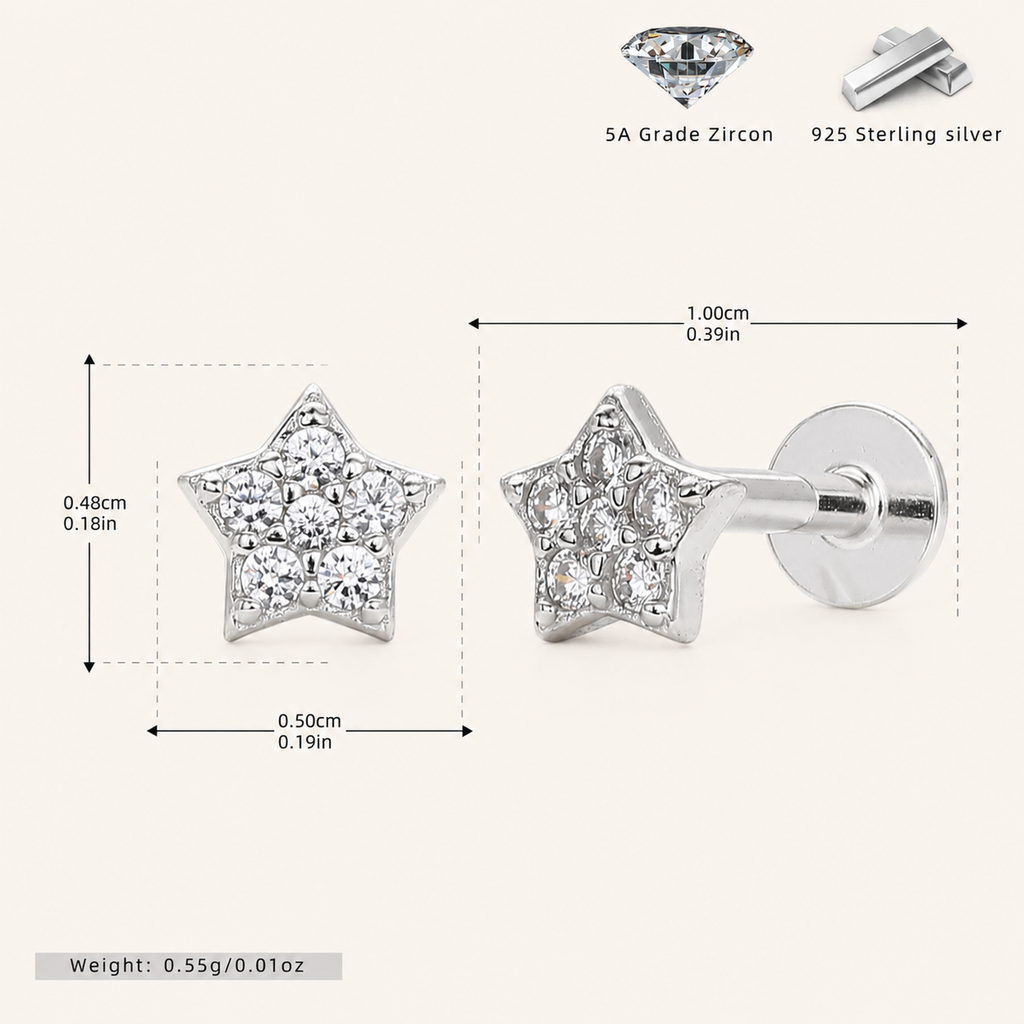 Sterling Silver Five-Point Star Zirconia Flat Back Earrings - Platinum