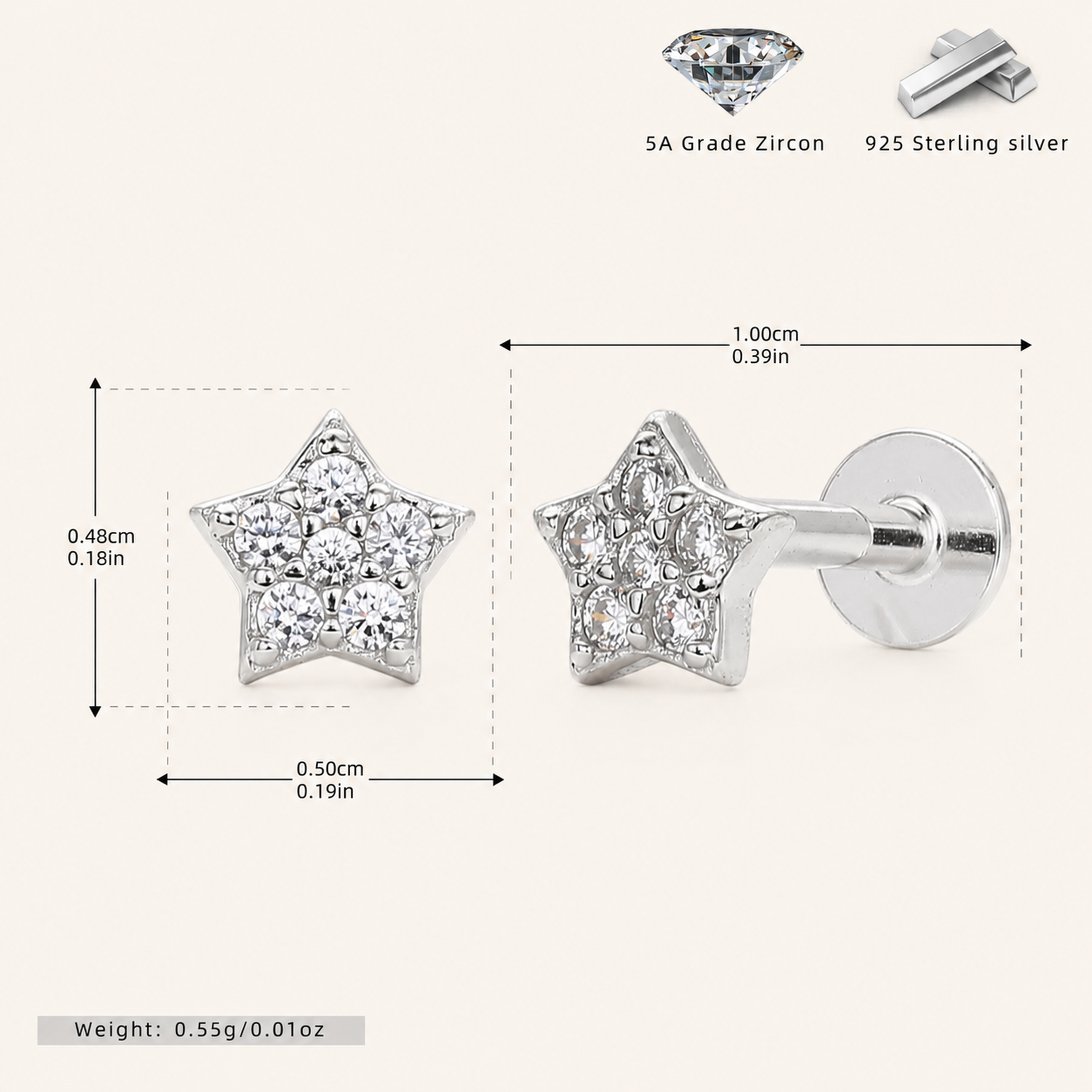 Sterling Silver Five-Point Star Zirconia Flat Back Earrings - Platinum