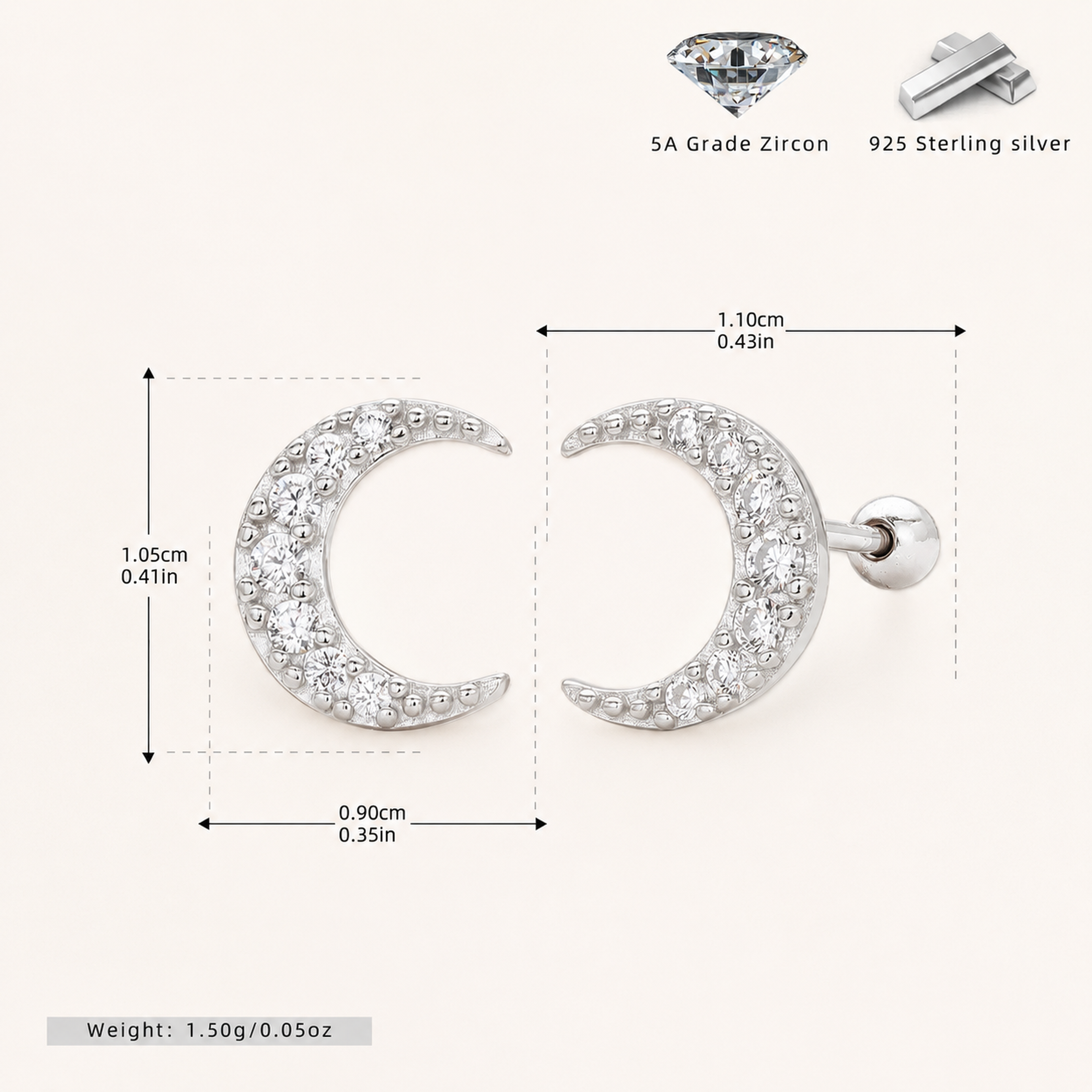 Sterling Silver Cubic Zirconia Cartilage Flat Back Earrings - Platinum