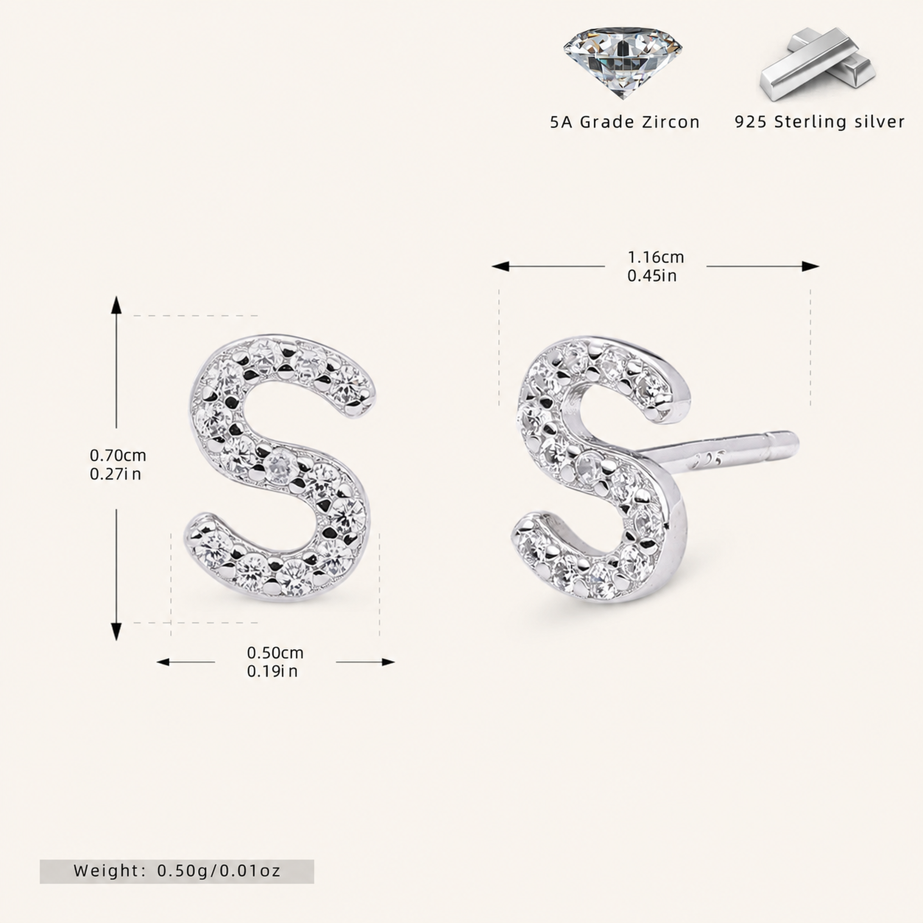 Sterling Silver Pave Initial Letter Stud Earrings - Platinum / S
