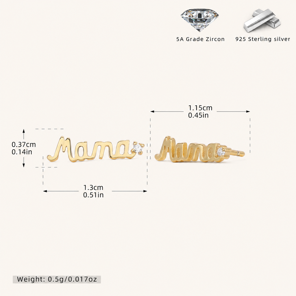 Sterling Silver MAMA Zirconia Stud Earrings - Gold