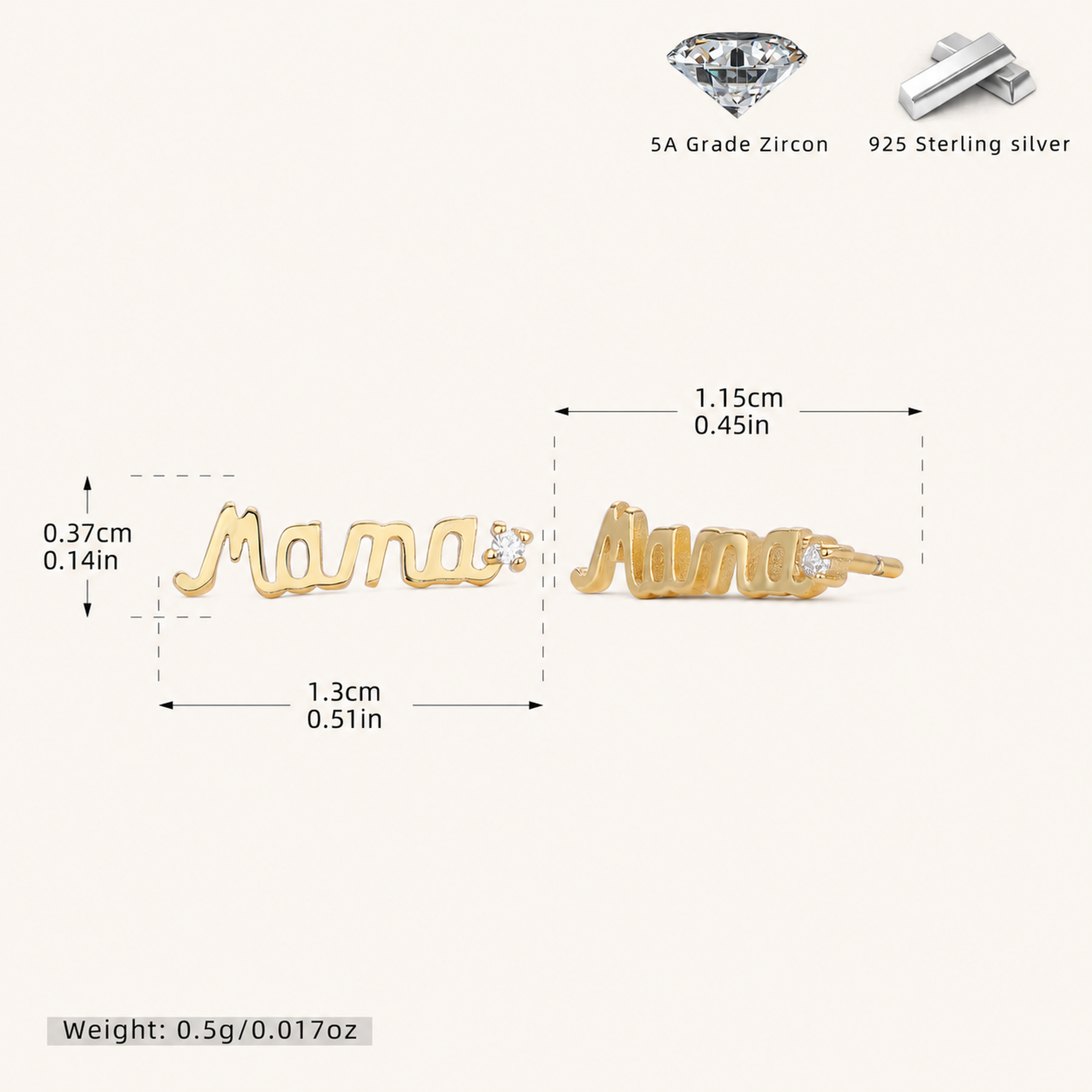 Sterling Silver MAMA Zirconia Stud Earrings - Gold