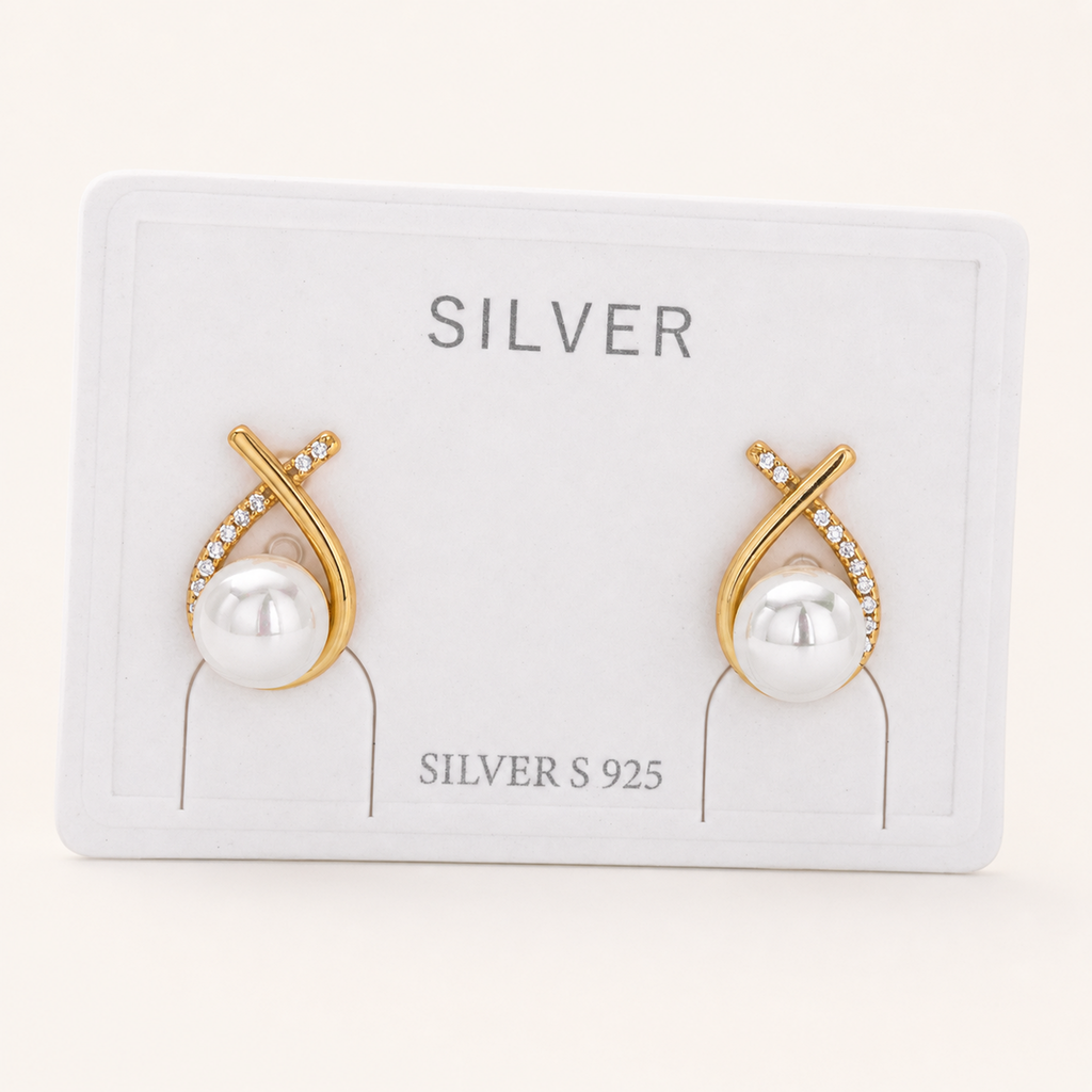 Sterling Silver Pearl And Crossover Zirconia Stud Earrings detail