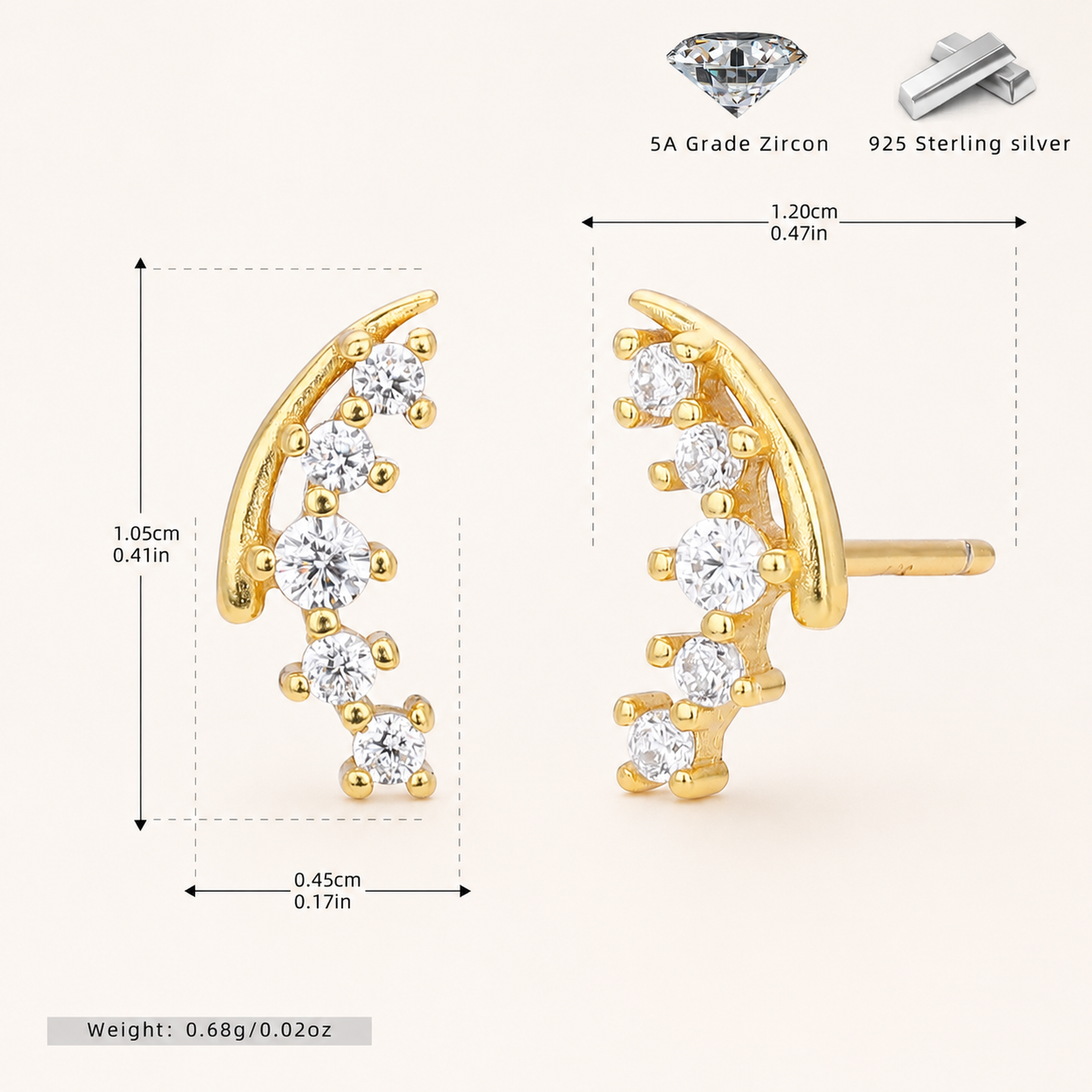 Sterling Silver Petite Cubic Zirconia Stud Earrings - Gold