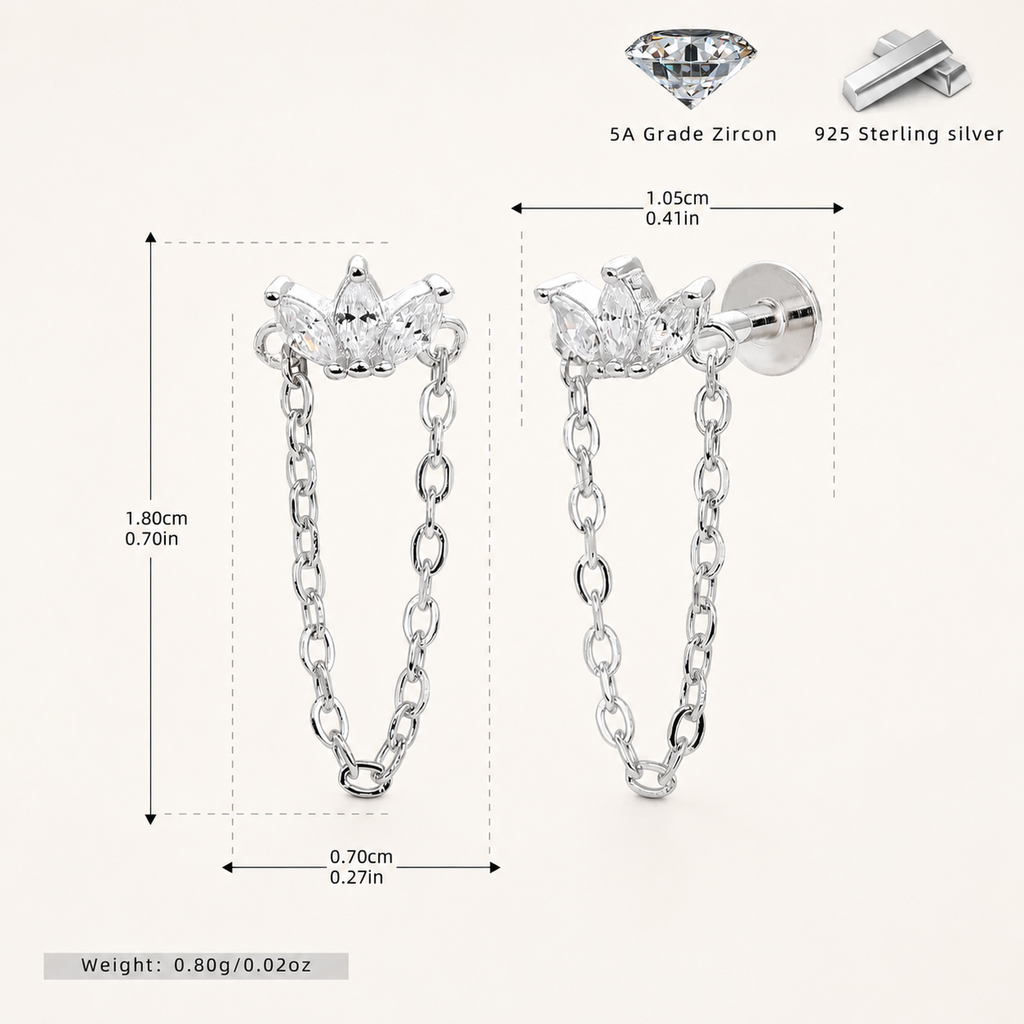 Sterling Silver Zirconia Chain Drop Flat Back Earrings - Platinum