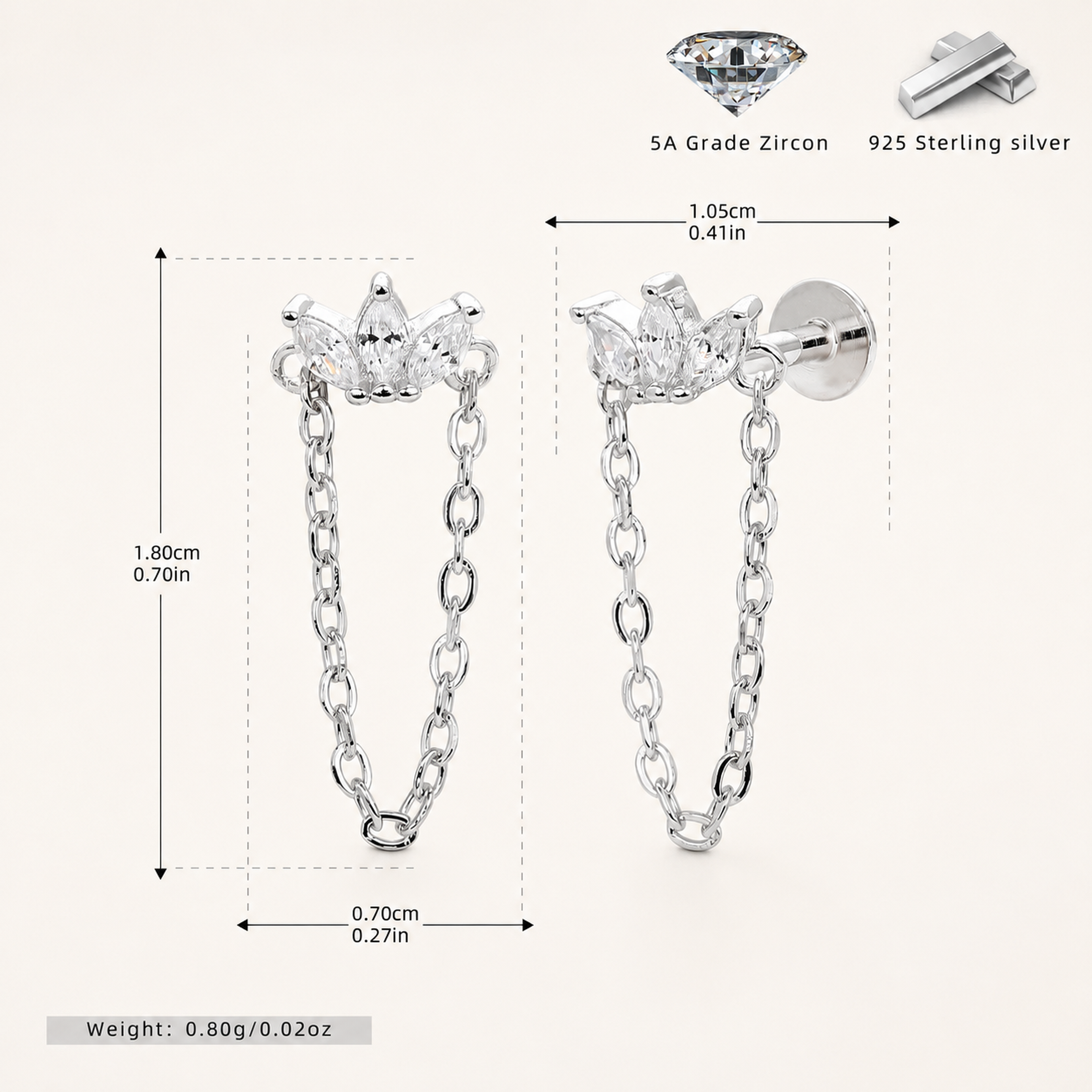 Sterling Silver Zirconia Chain Drop Flat Back Earrings - Platinum