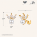 Sterling Silver Crown Pearl Zirconia Flat Back Earrings - Gold