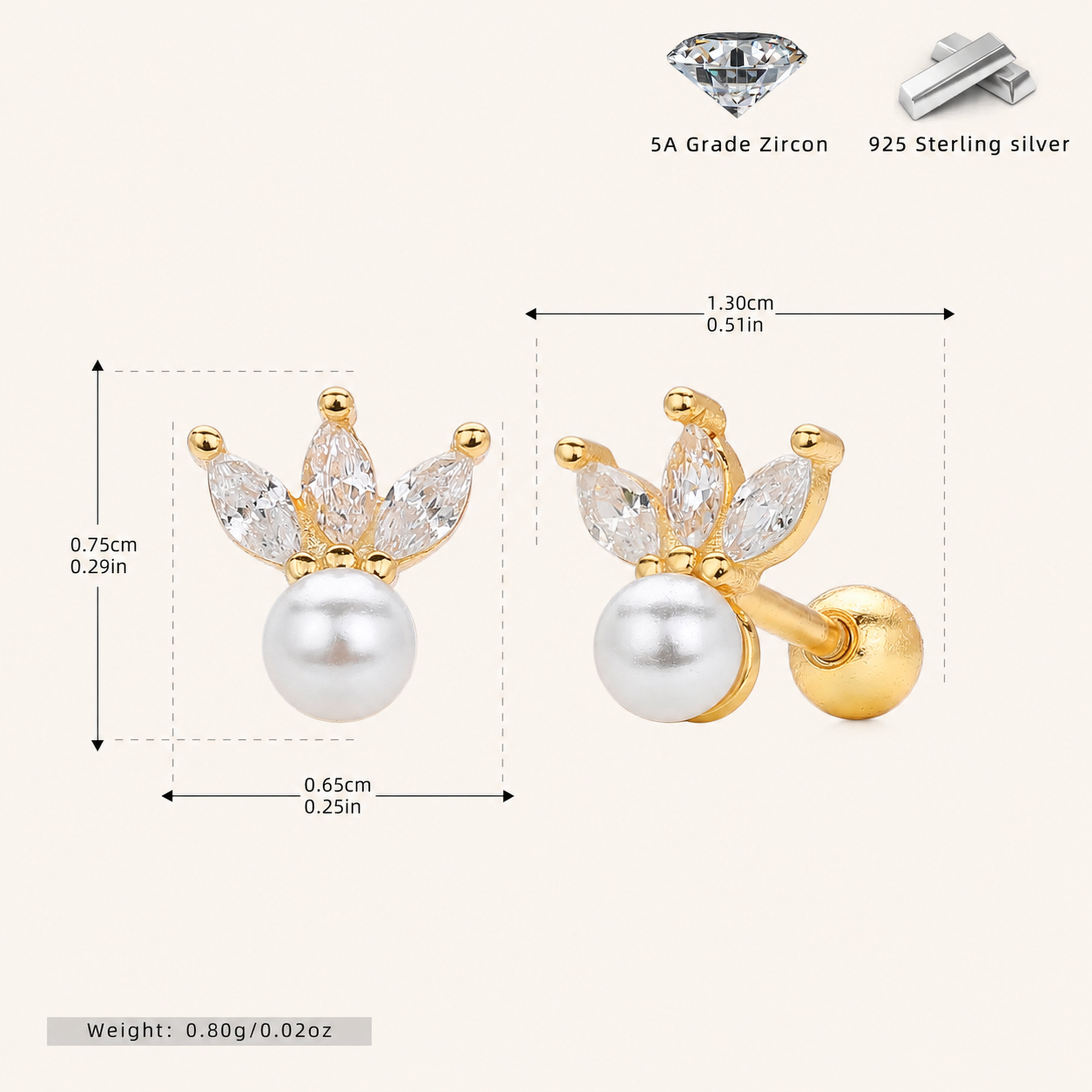 Sterling Silver Crown Pearl Zirconia Flat Back Earrings - Gold