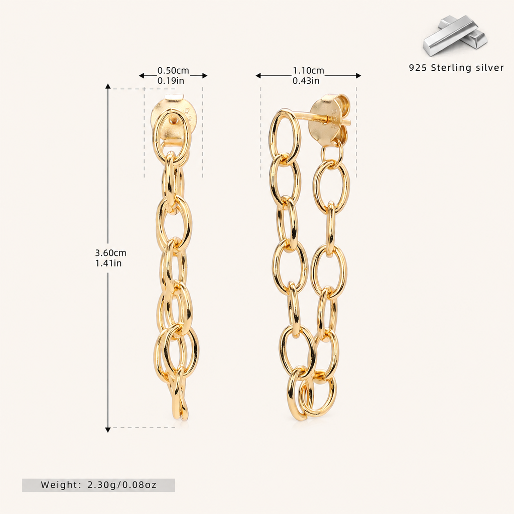 Sterling Silver Chain Tassel Drop Stud Earrings - Gold