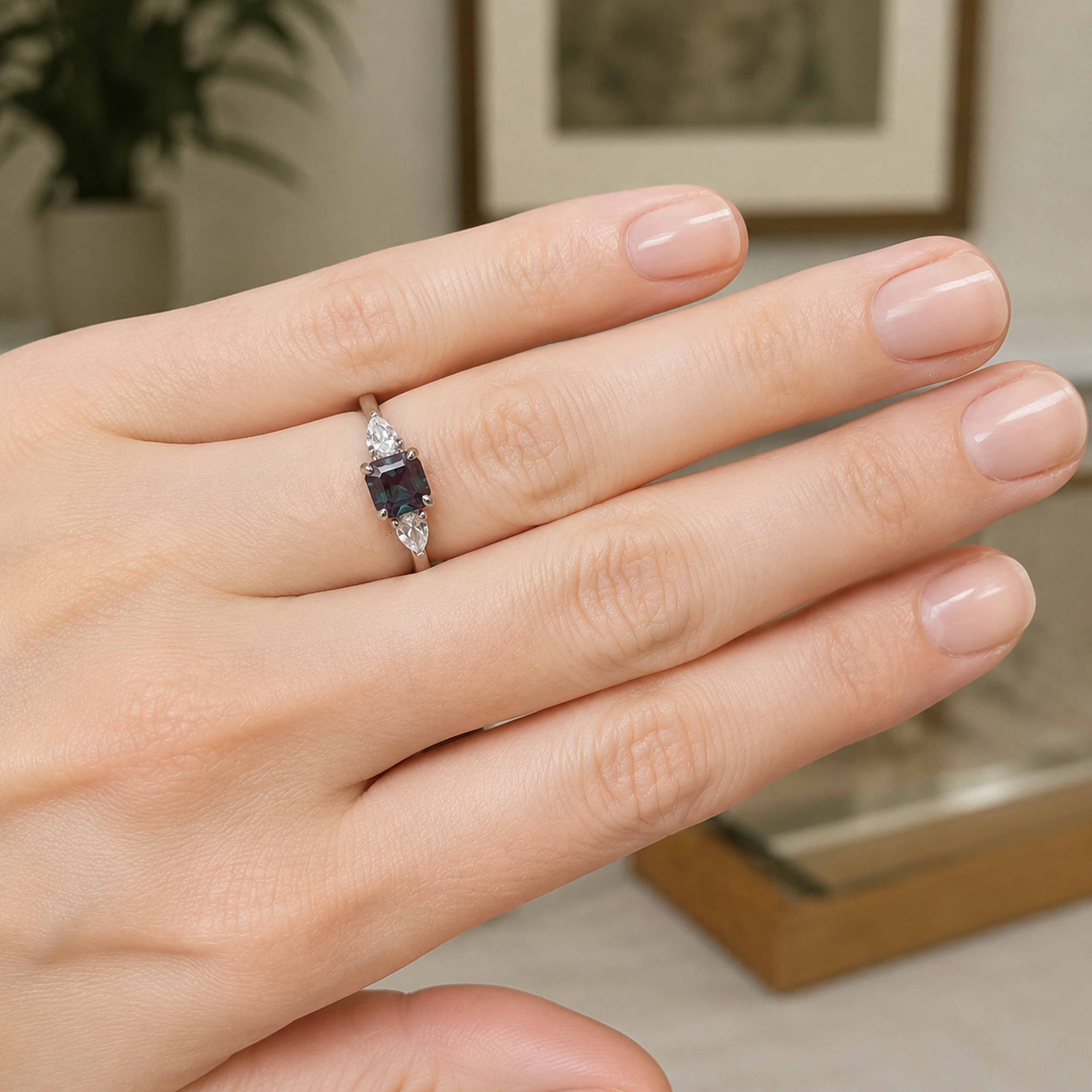 Triune Lab-Grown Alexandrite Ring worn on hand