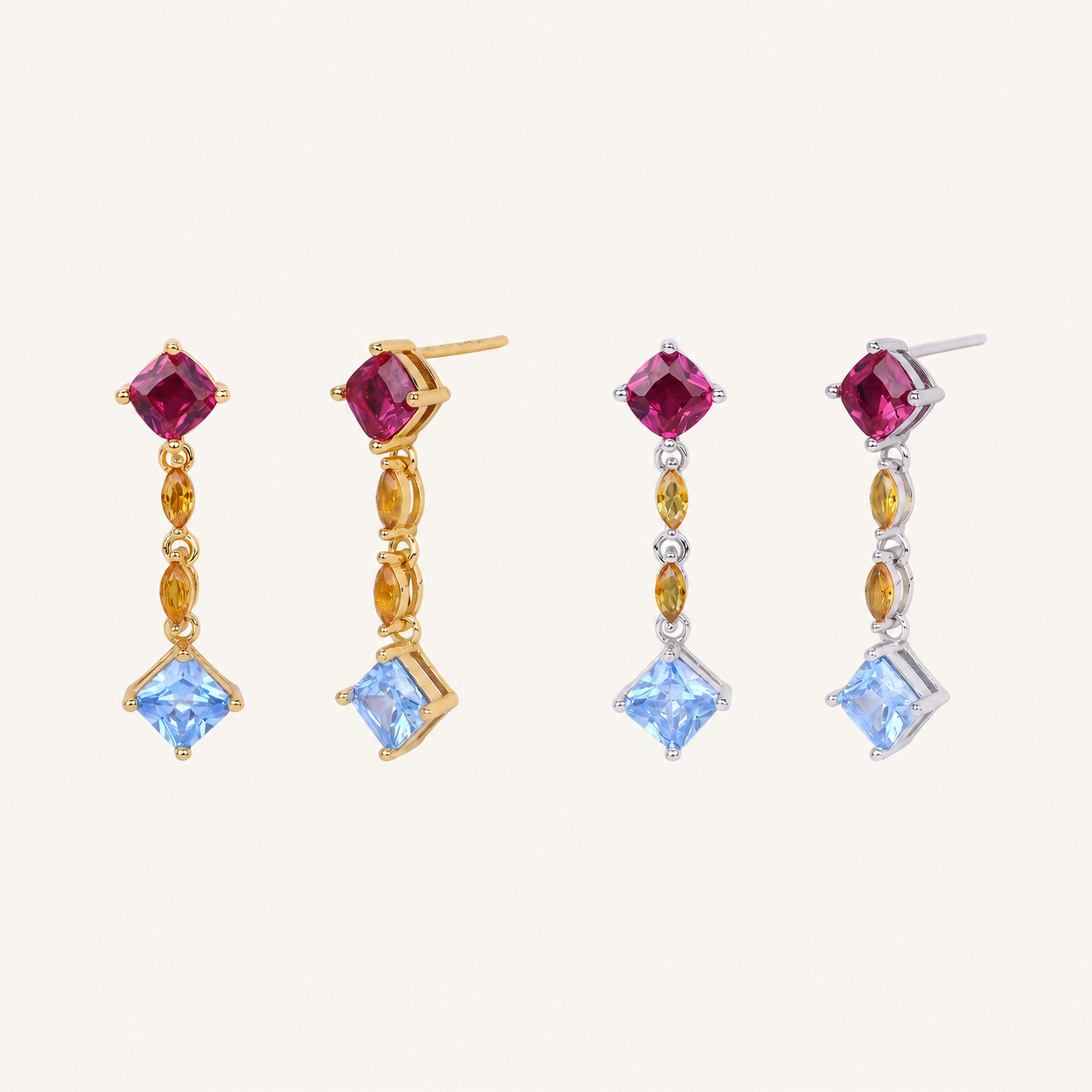 Sterling Silver Square Zirconia Tassel Drop Stud Earrings