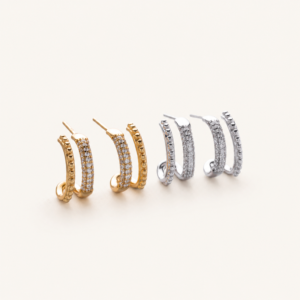 Sterling Silver Double Arc C-Shape Zirconia Stud Earrings detail