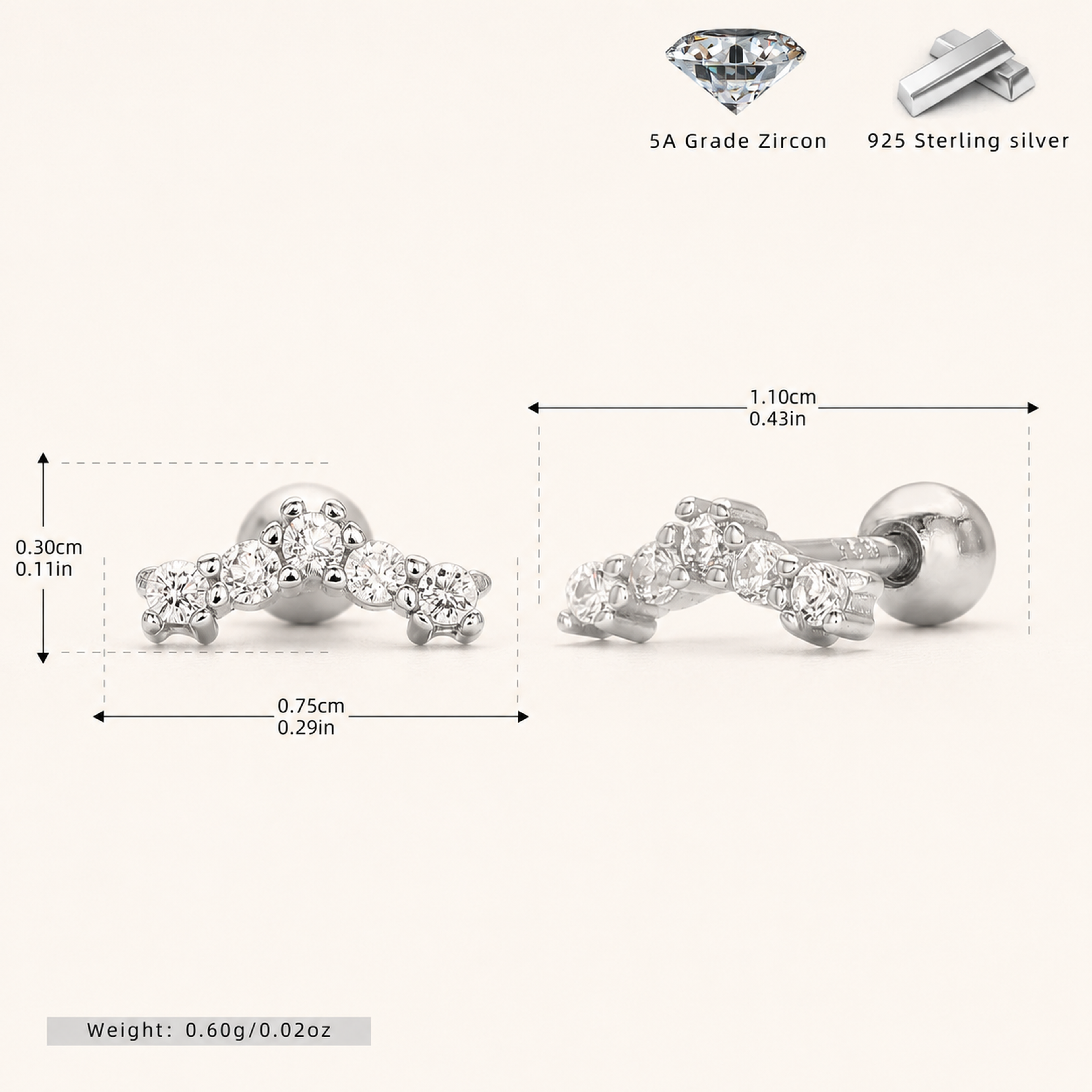Sterling Silver Cubic Zirconia Flat Back Earrings - Platinum
