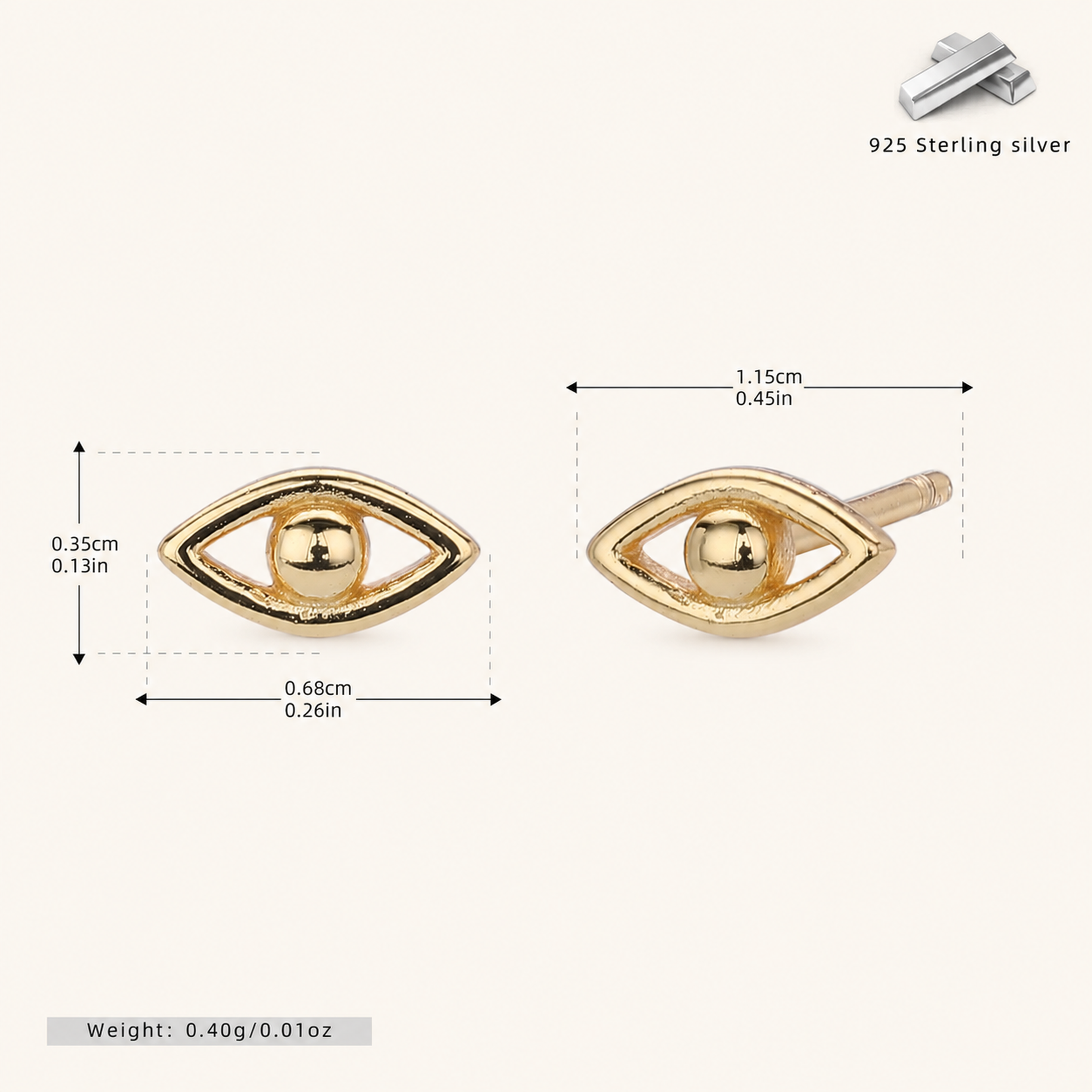 Sterling Silver Evil Eye Stud Earrings - Gold