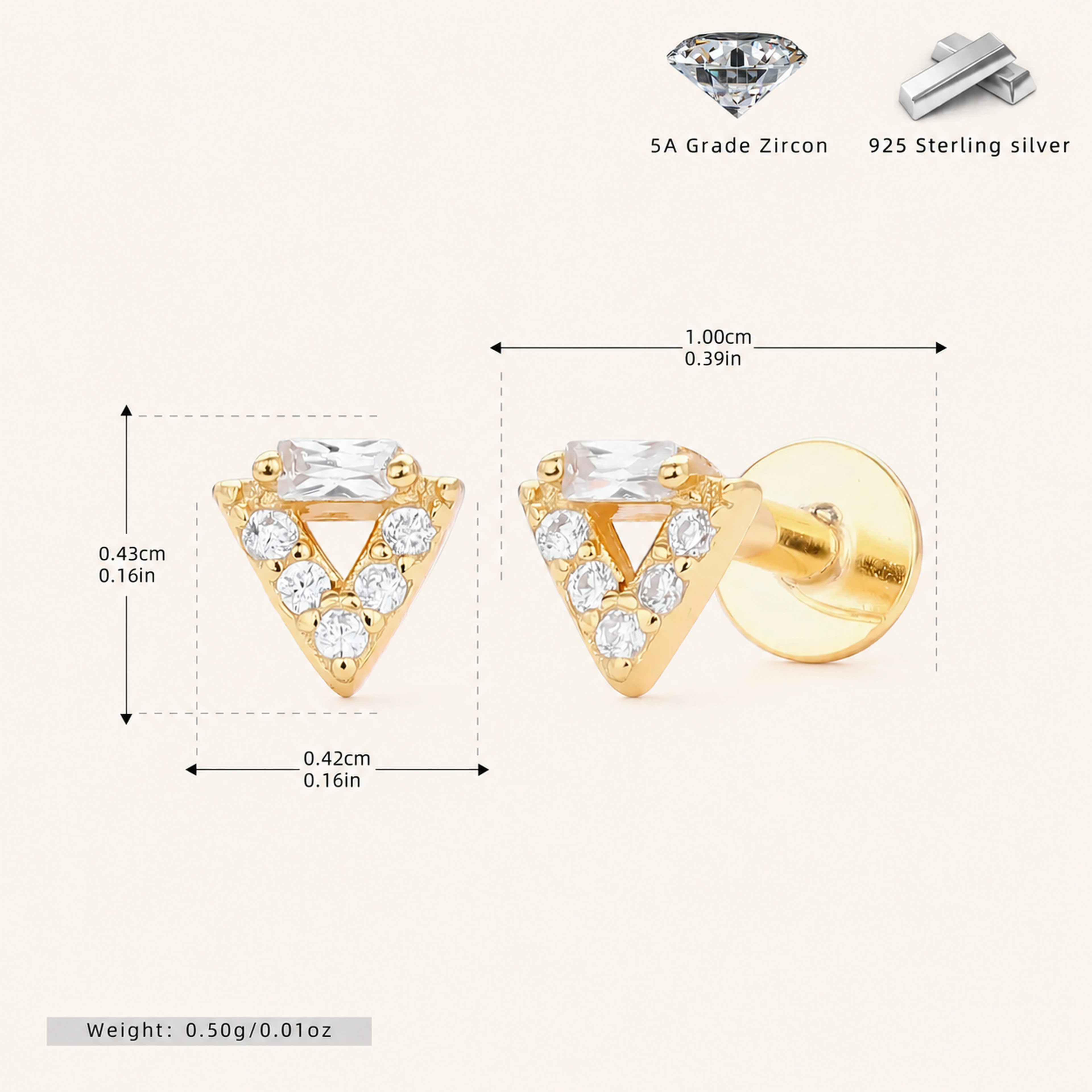 Sterling Silver Openwork Triangle Zirconia Flat Back Earrings - Gold