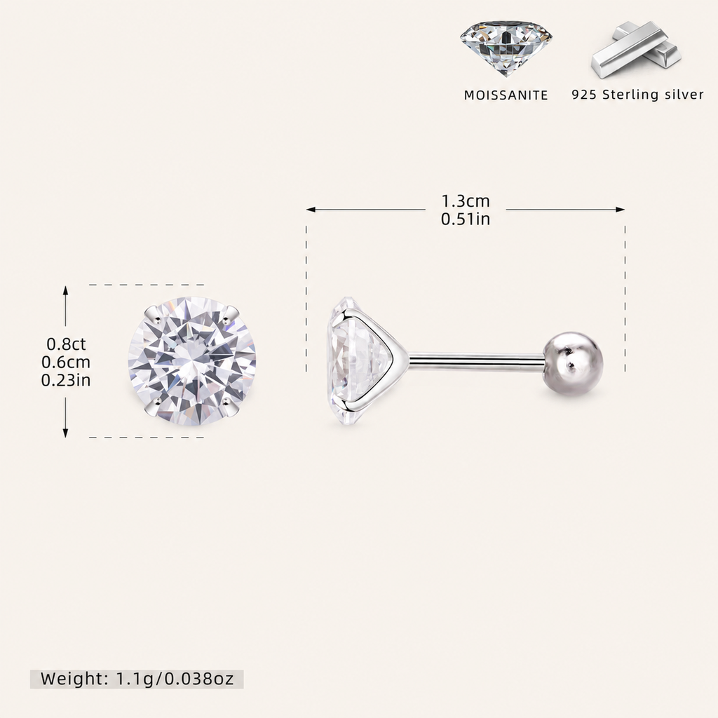 Sterling Silver Moissanite Four-Prong Solitaire Flat Back Earrings - Platinum / 6mm