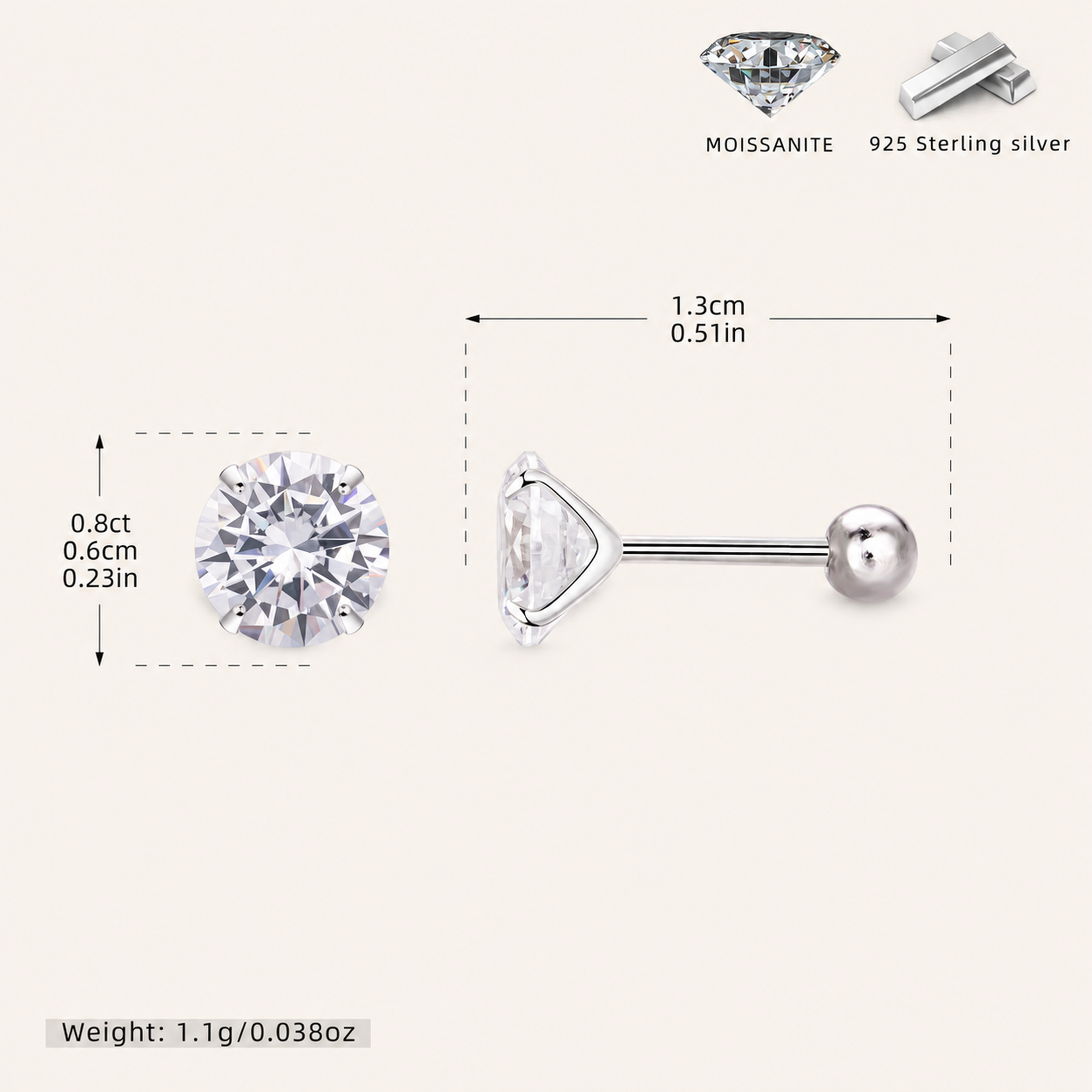 Sterling Silver Moissanite Four-Prong Solitaire Flat Back Earrings - Platinum / 6mm