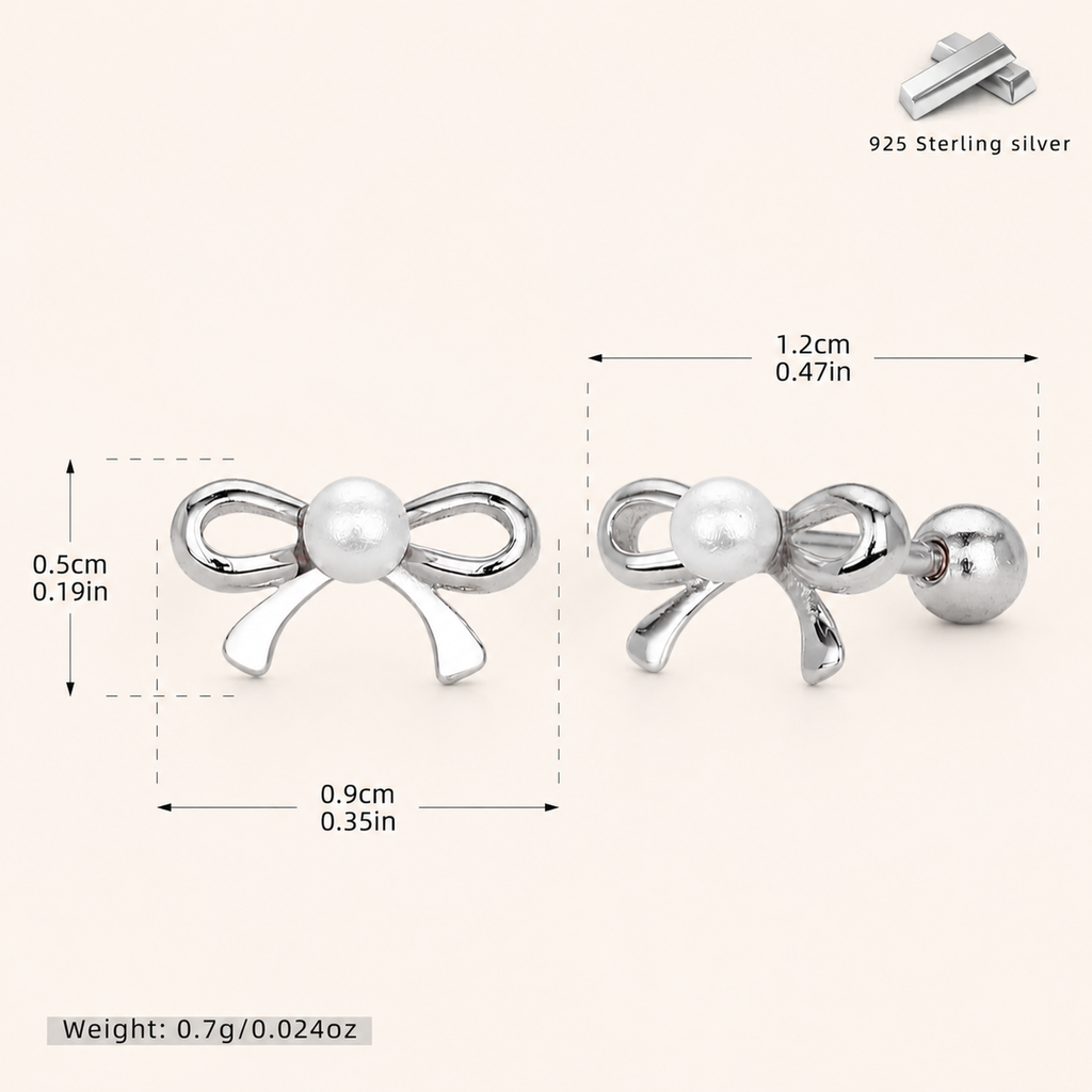Sterling Silver Pearl Bow Flat Back Earrings - Platinum