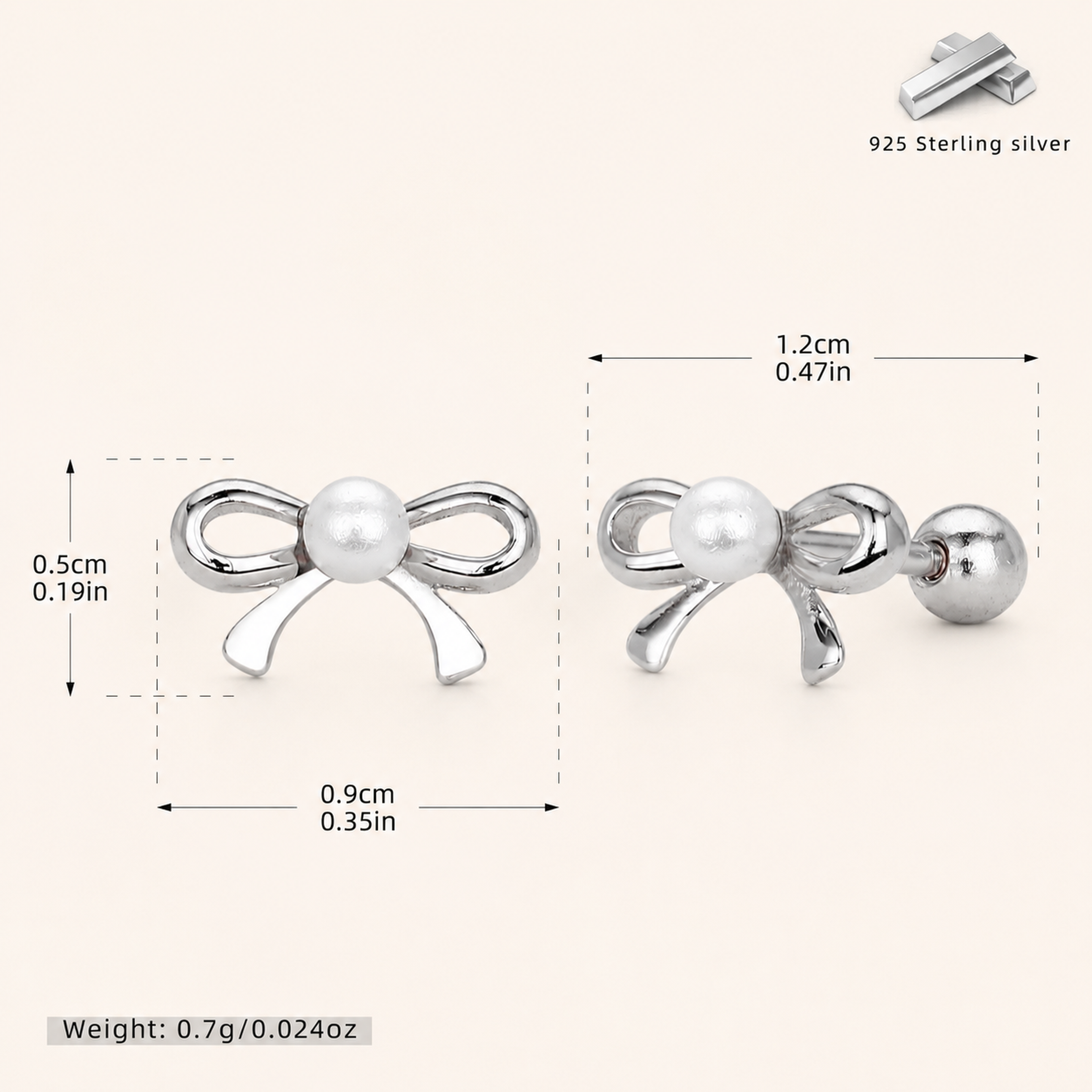 Sterling Silver Pearl Bow Flat Back Earrings - Platinum