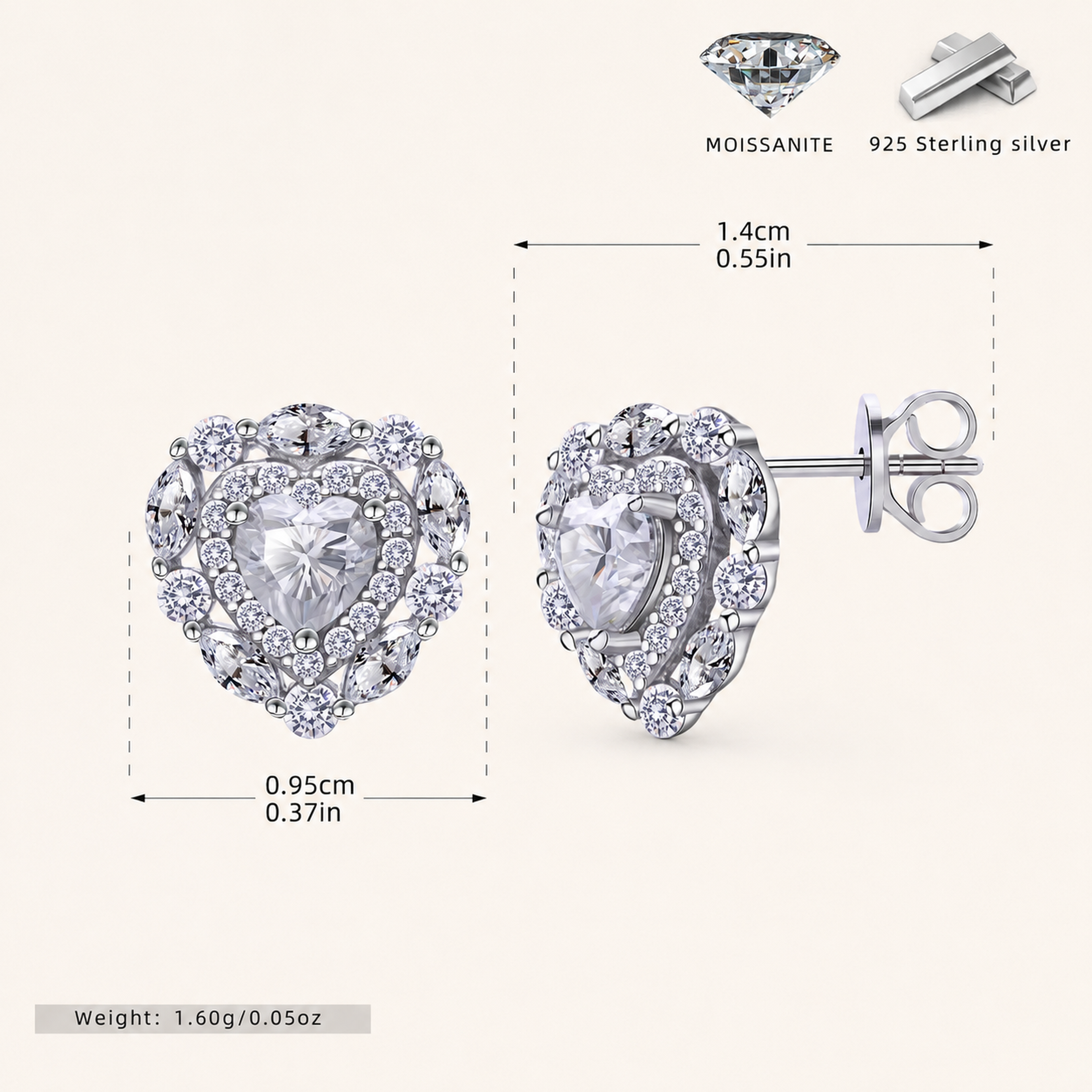 Sterling Silver Moissanite Heart Stud Earrings - Platinum
