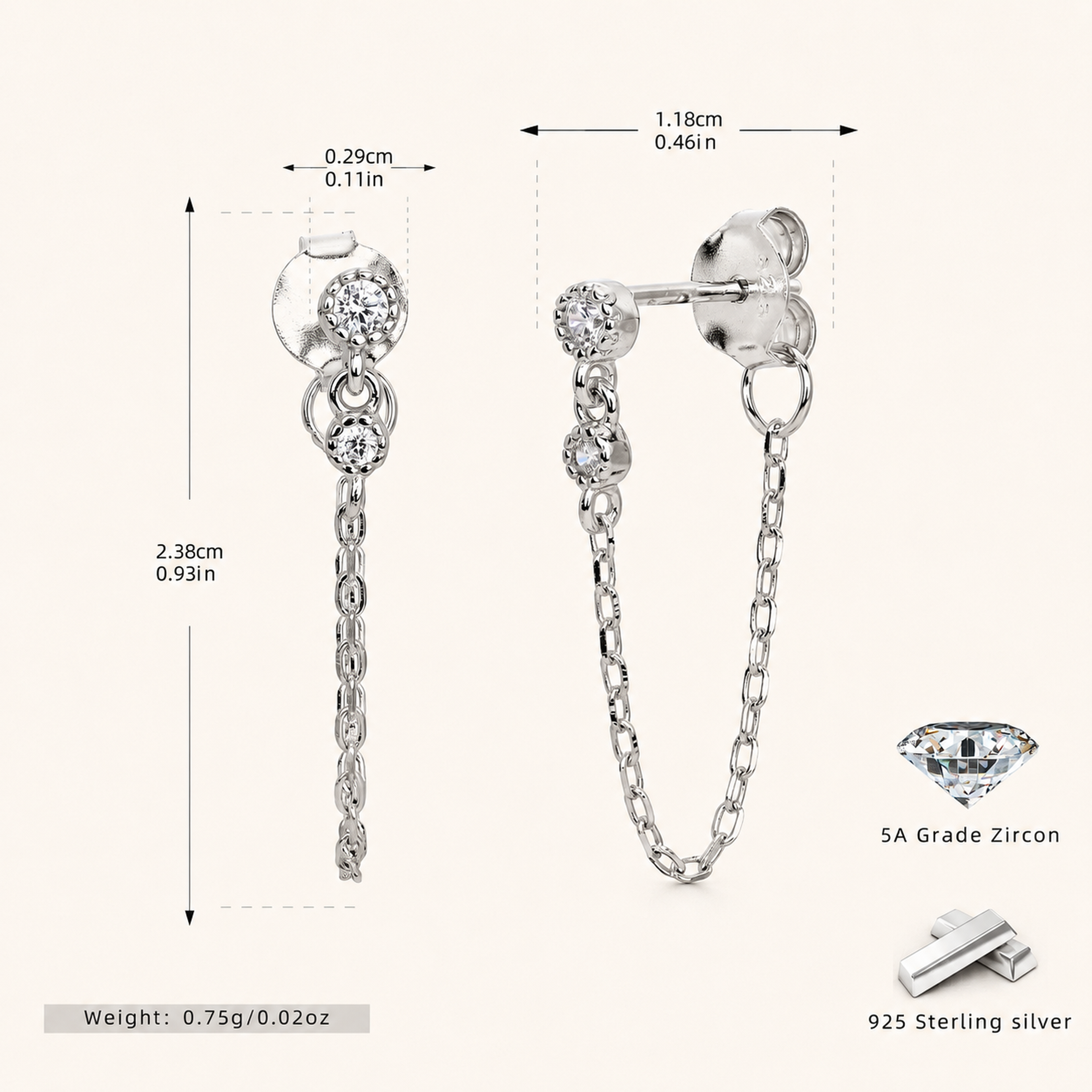 Sterling Silver Round Cubic Zirconia Chain Drop Earrings - Platinum
