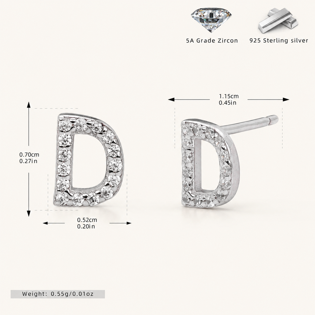 Sterling Silver Pave Initial Letter Stud Earrings - Platinum / D