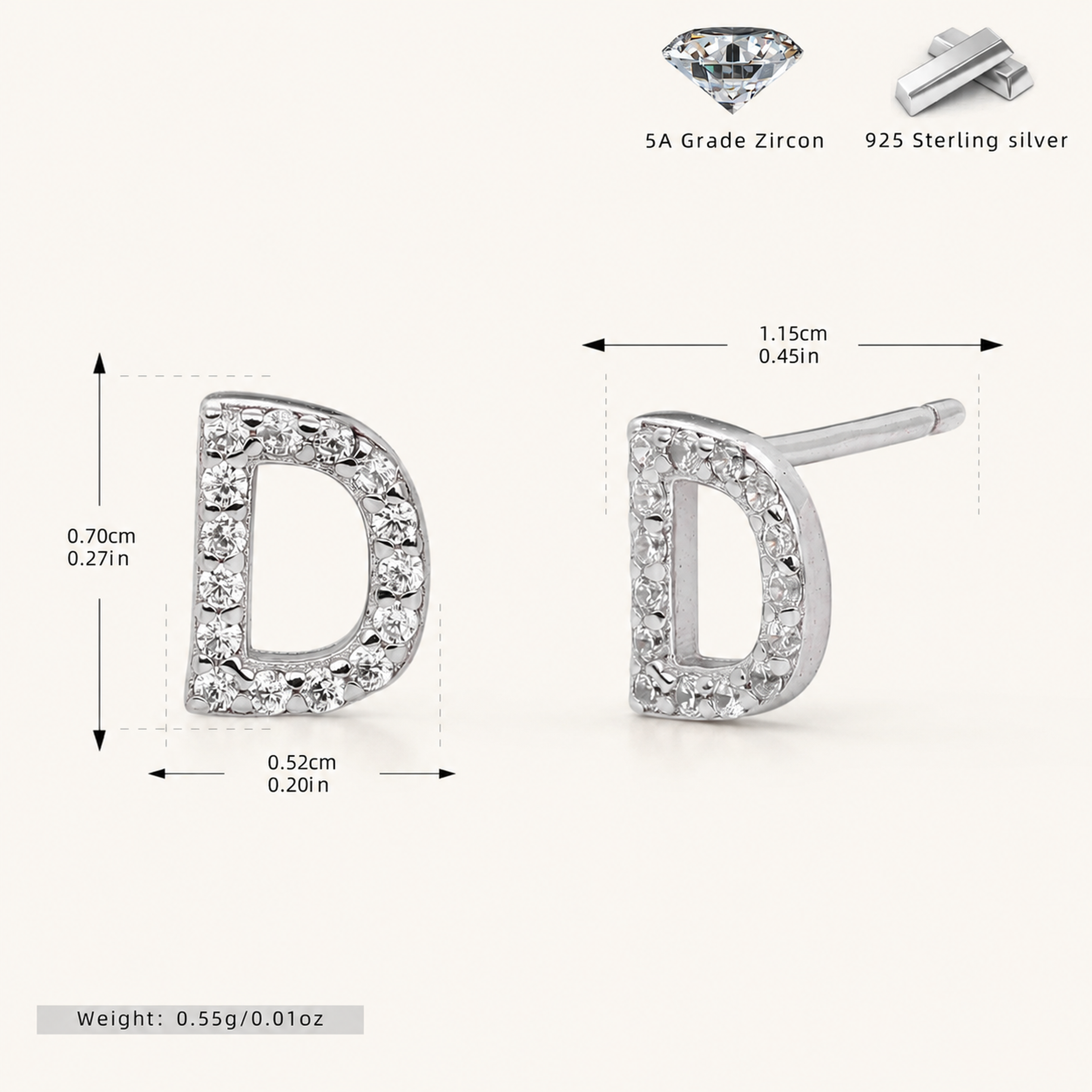 Sterling Silver Pave Initial Letter Stud Earrings - Platinum / D