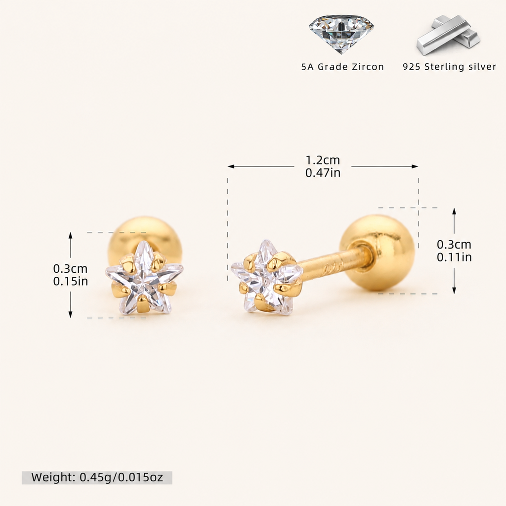 Sterling Silver Five-Point Star Zirconia Flat Back Earrings - Gold / 3mm