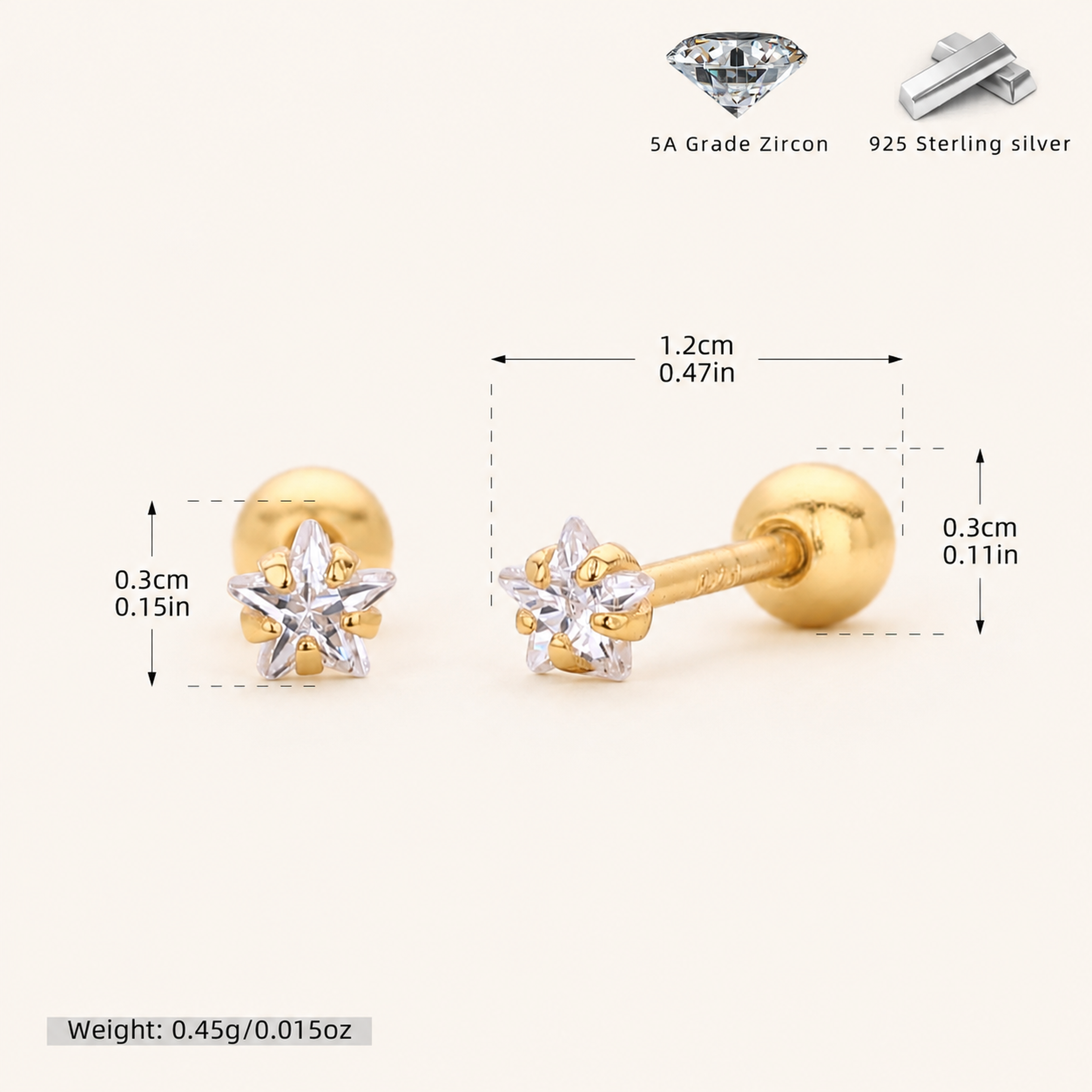 Sterling Silver Five-Point Star Zirconia Flat Back Earrings - Gold / 3mm