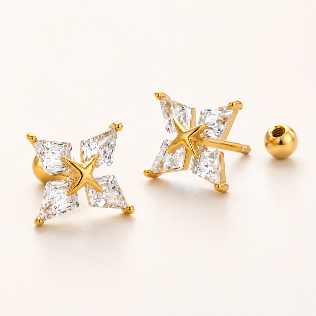 Sterling Silver Four-Point Star Zirconia Flat Back Earrings detail