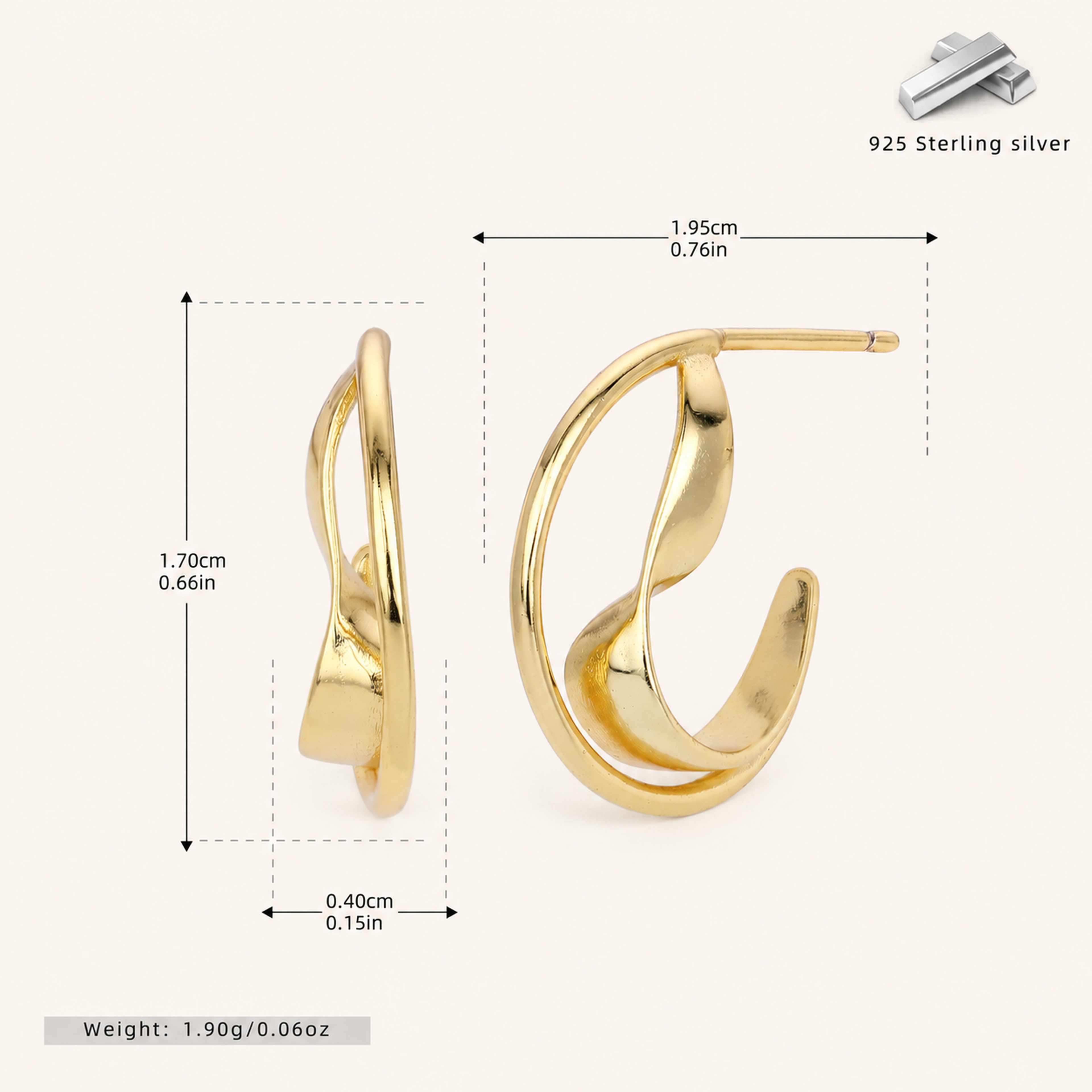 Sterling Silver Double C-Curve Stud Earrings - Gold
