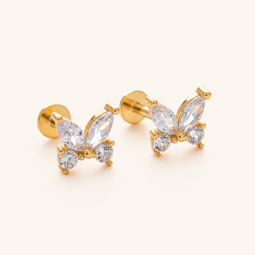 Sterling Silver Butterfly Zirconia Flat Back Earrings detail view