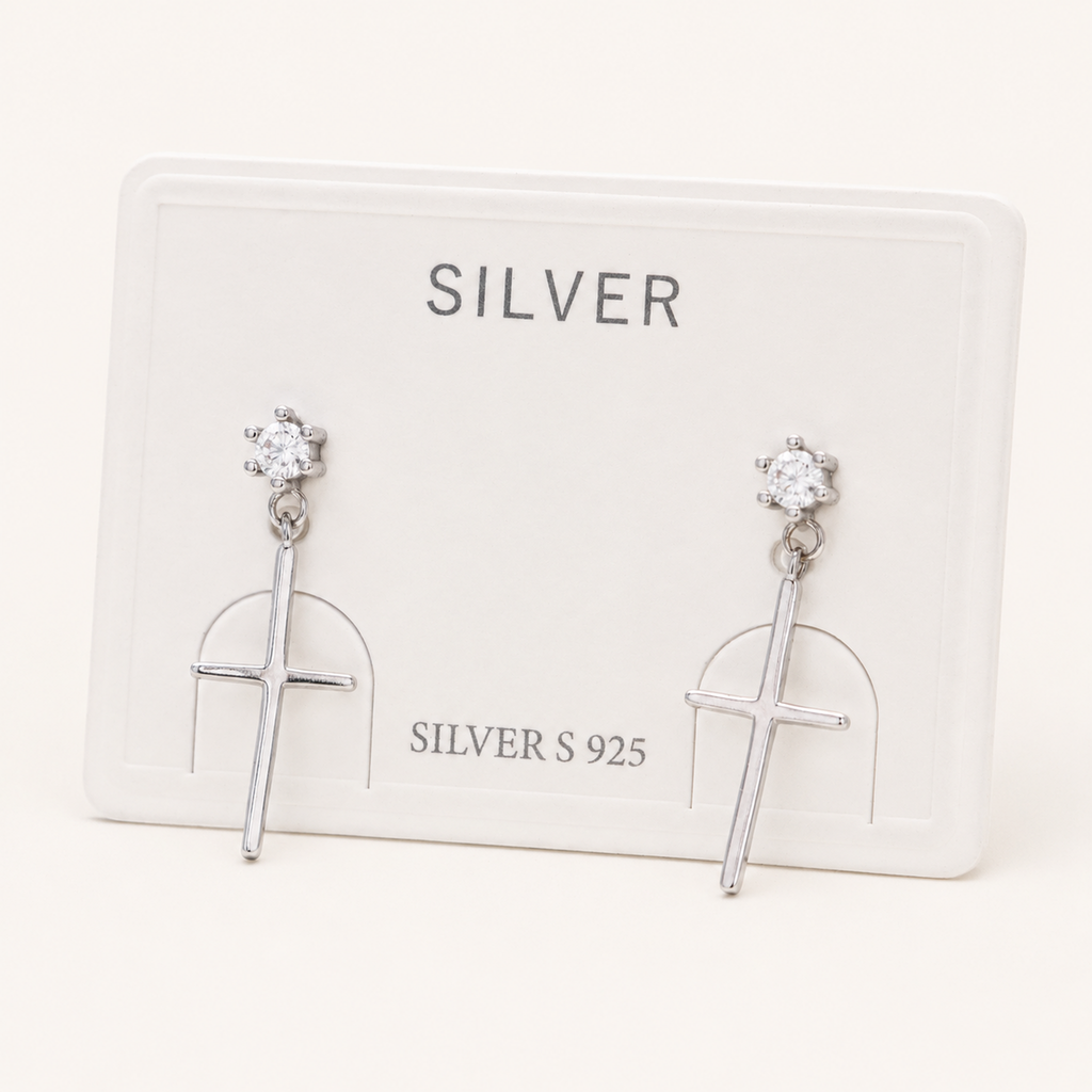 Sterling Silver Mini Zirconia Cross Stud Earrings detail view