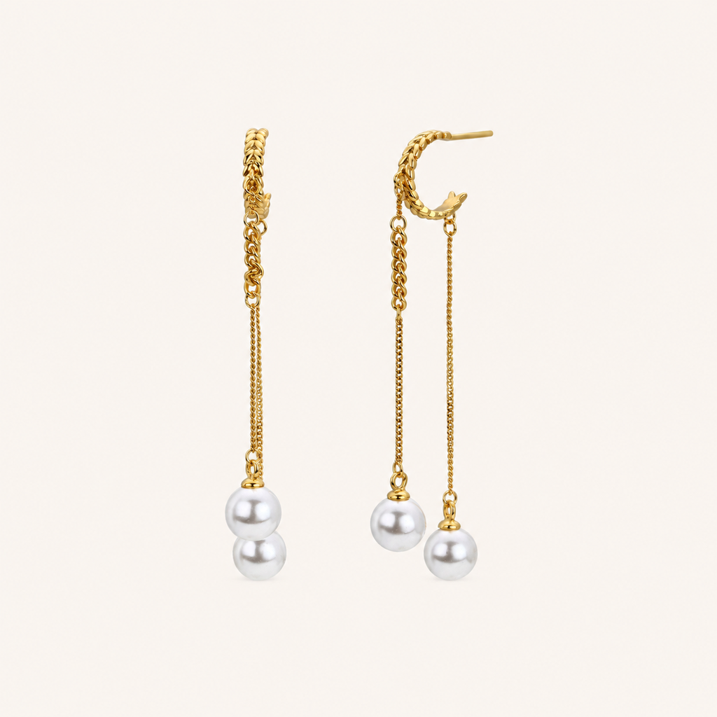 Sterling Silver Pearl Tassel Chain Drop Stud Earrings detail view