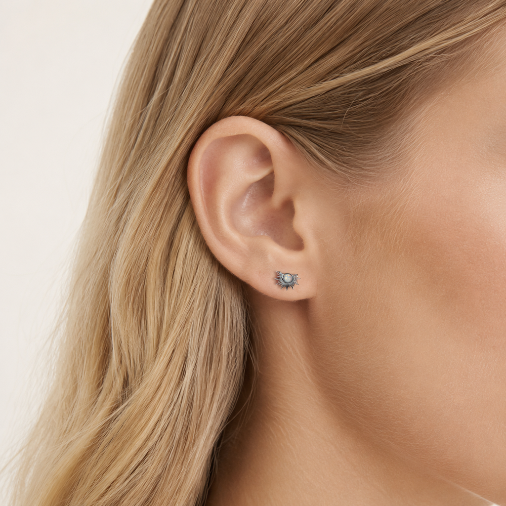Sterling Silver French Fan Opal Stud Earrings worn on the ear