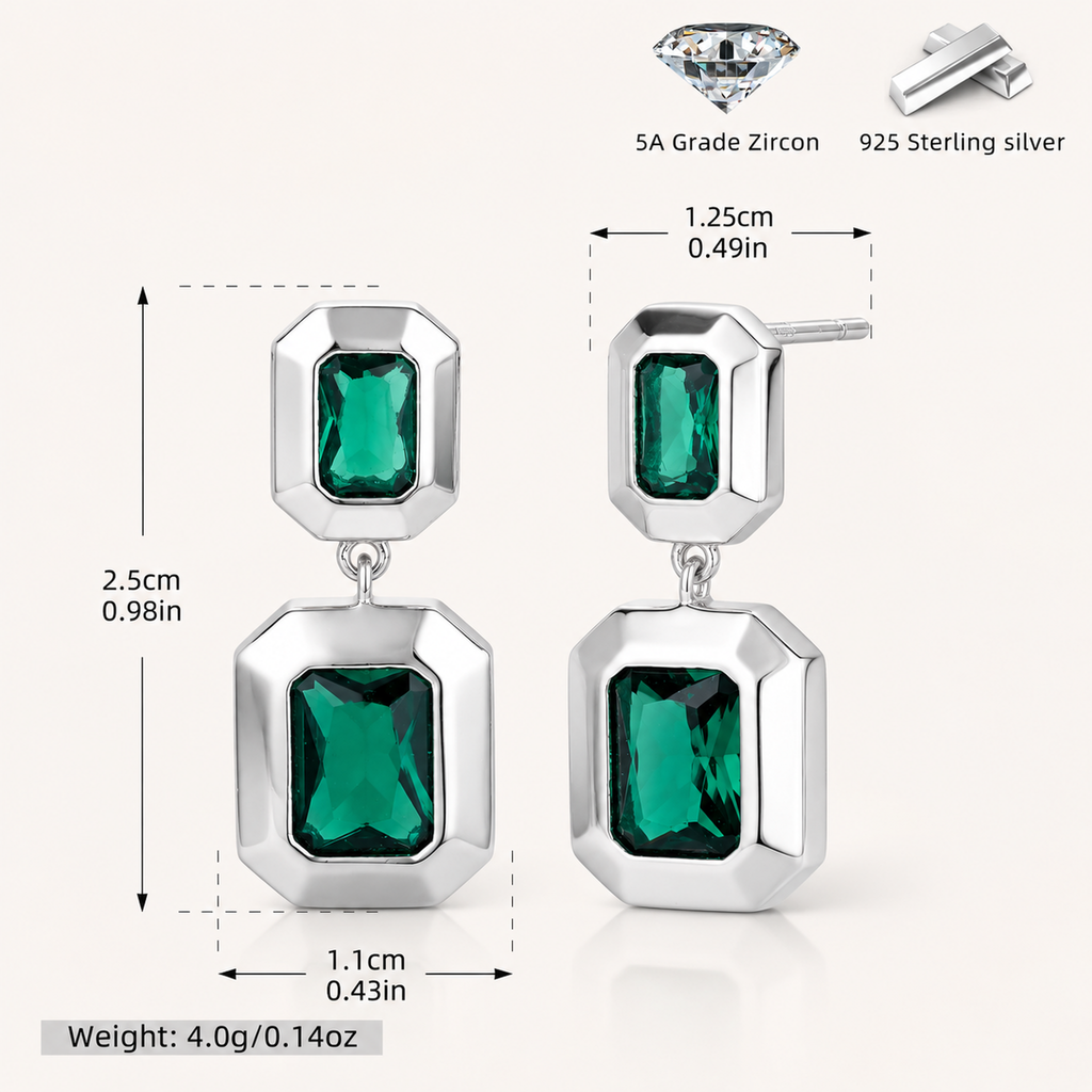 Sterling Silver Emerald-Green Geometric Stud Earrings - Platinum