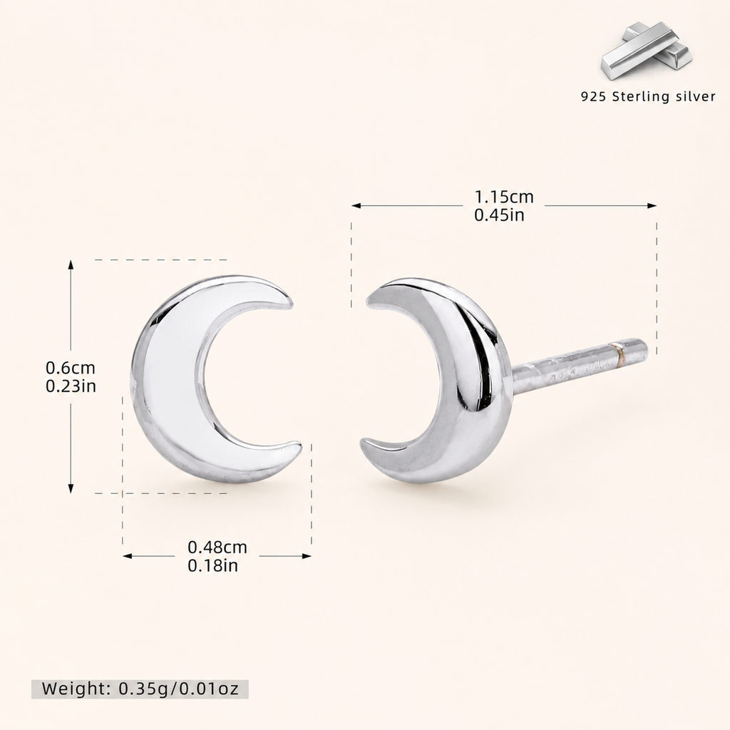 Sterling Silver Polished Moon Stud Earrings - Platinum