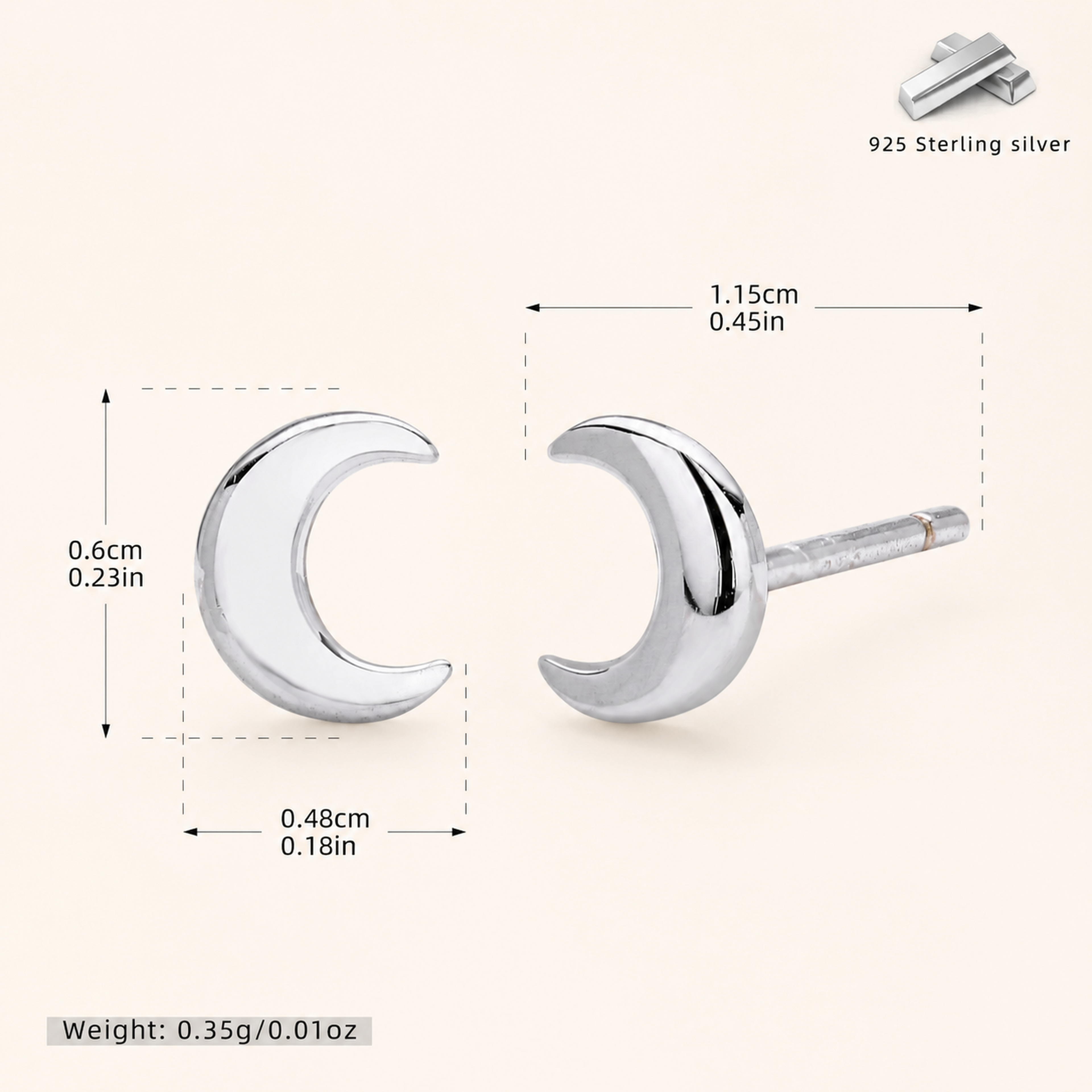 Sterling Silver Polished Moon Stud Earrings - Platinum