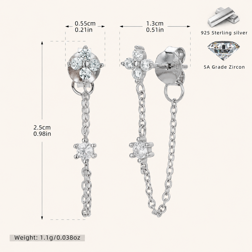Sterling Silver Flower Zirconia Chain Drop Stud Earrings - Platinum