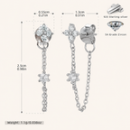 Sterling Silver Flower Zirconia Chain Drop Stud Earrings - Platinum