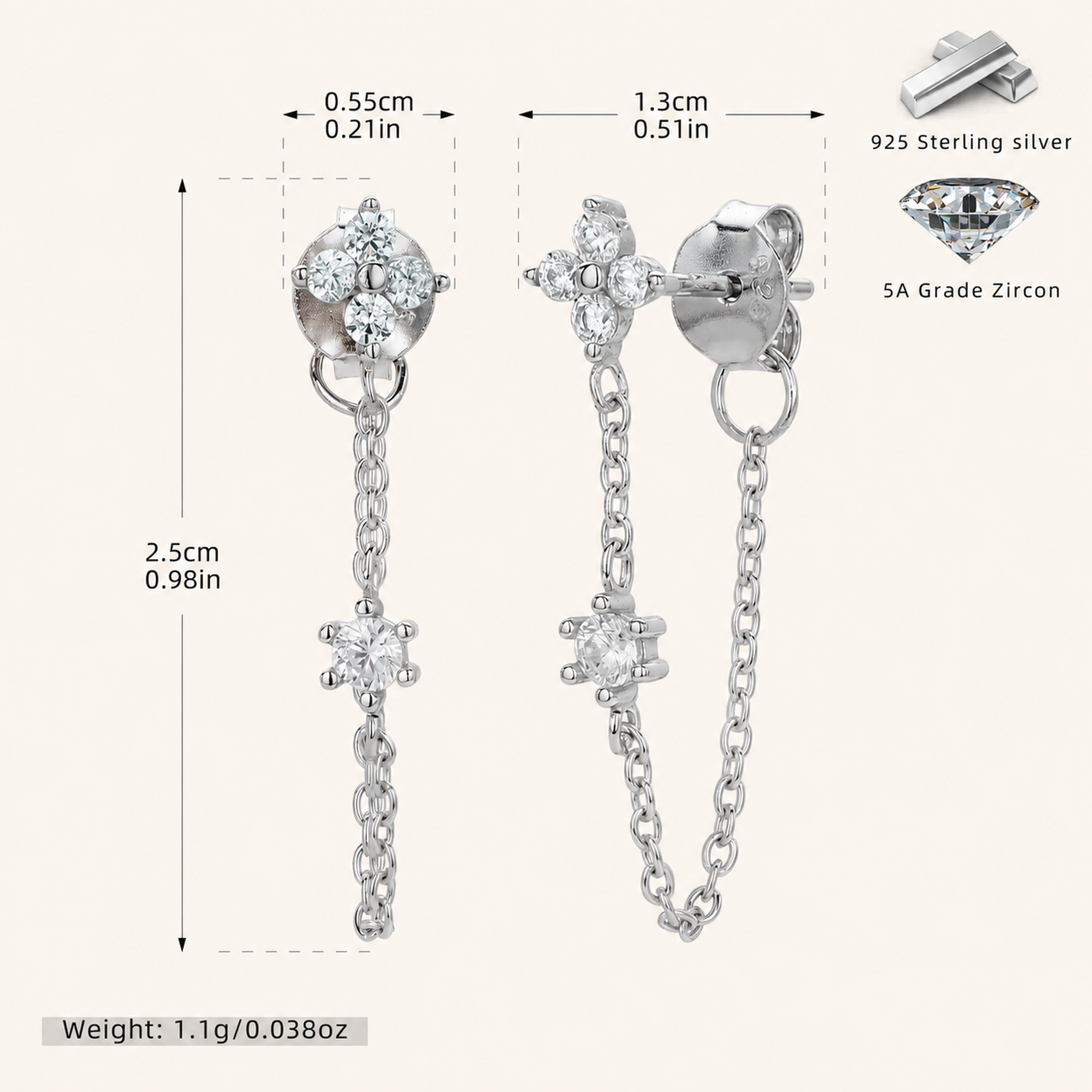 Sterling Silver Flower Zirconia Chain Drop Stud Earrings - Platinum
