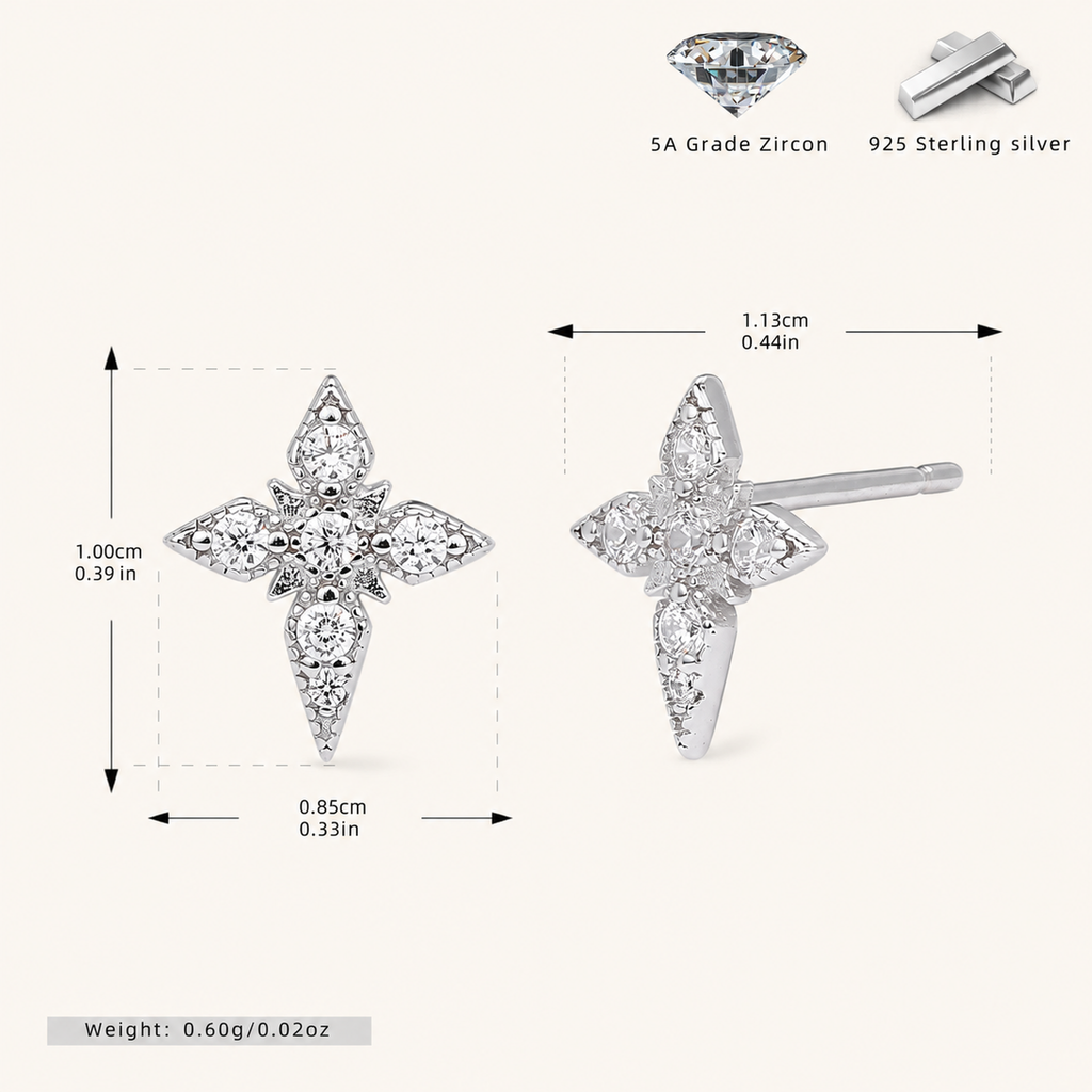 Sterling Silver Four-Point Star Zirconia Stud Earrings - Platinum