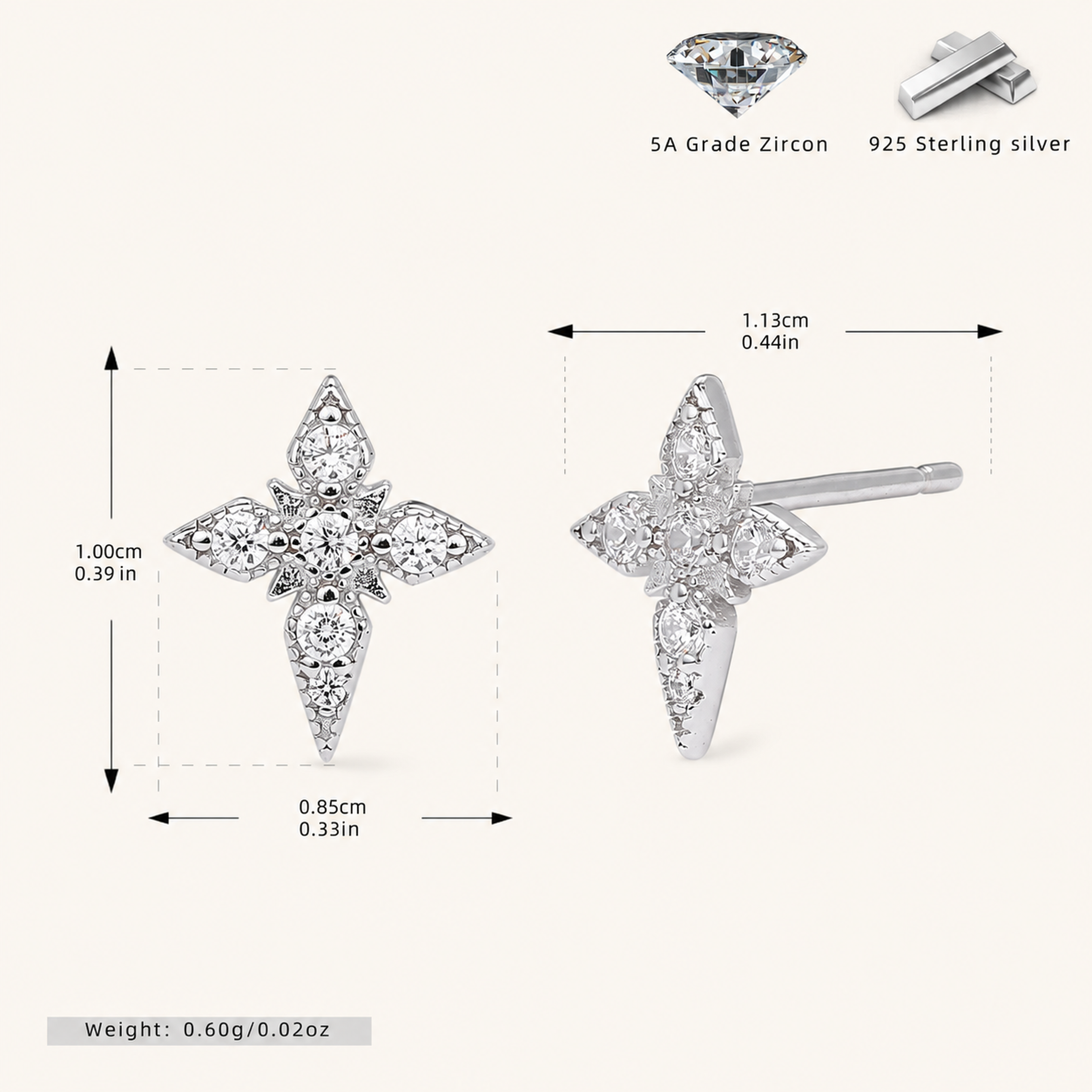 Sterling Silver Four-Point Star Zirconia Stud Earrings - Platinum