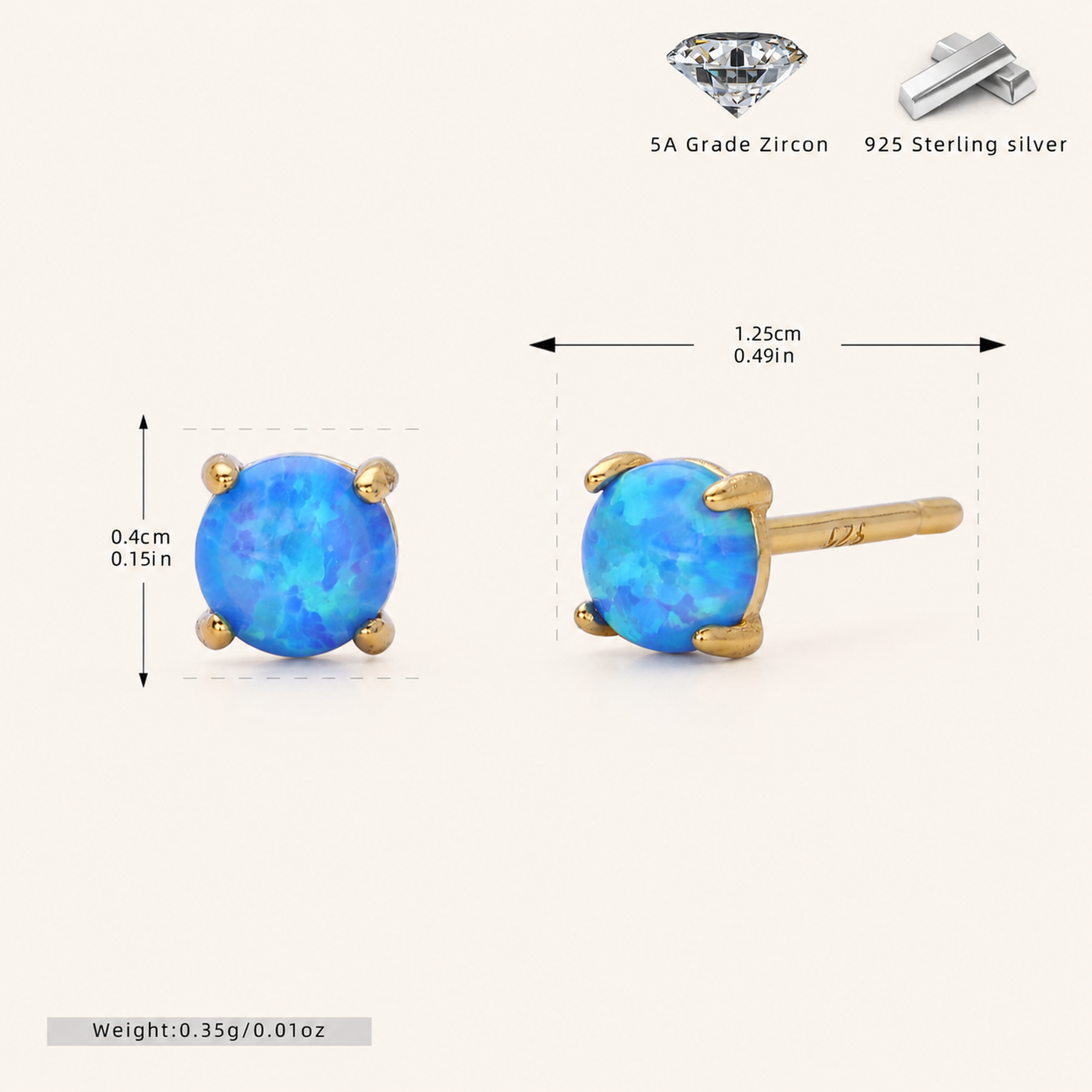 Sterling Silver Mini Opal Stud Earrings - Gold / 4mm / Blue Opal