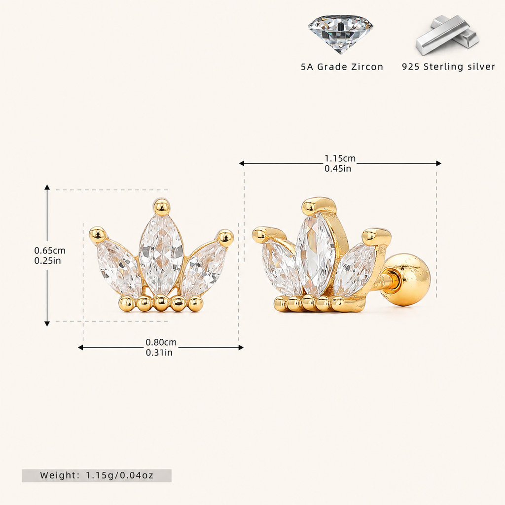 Sterling Silver Zirconia Crown Flat Back Earrings - Gold