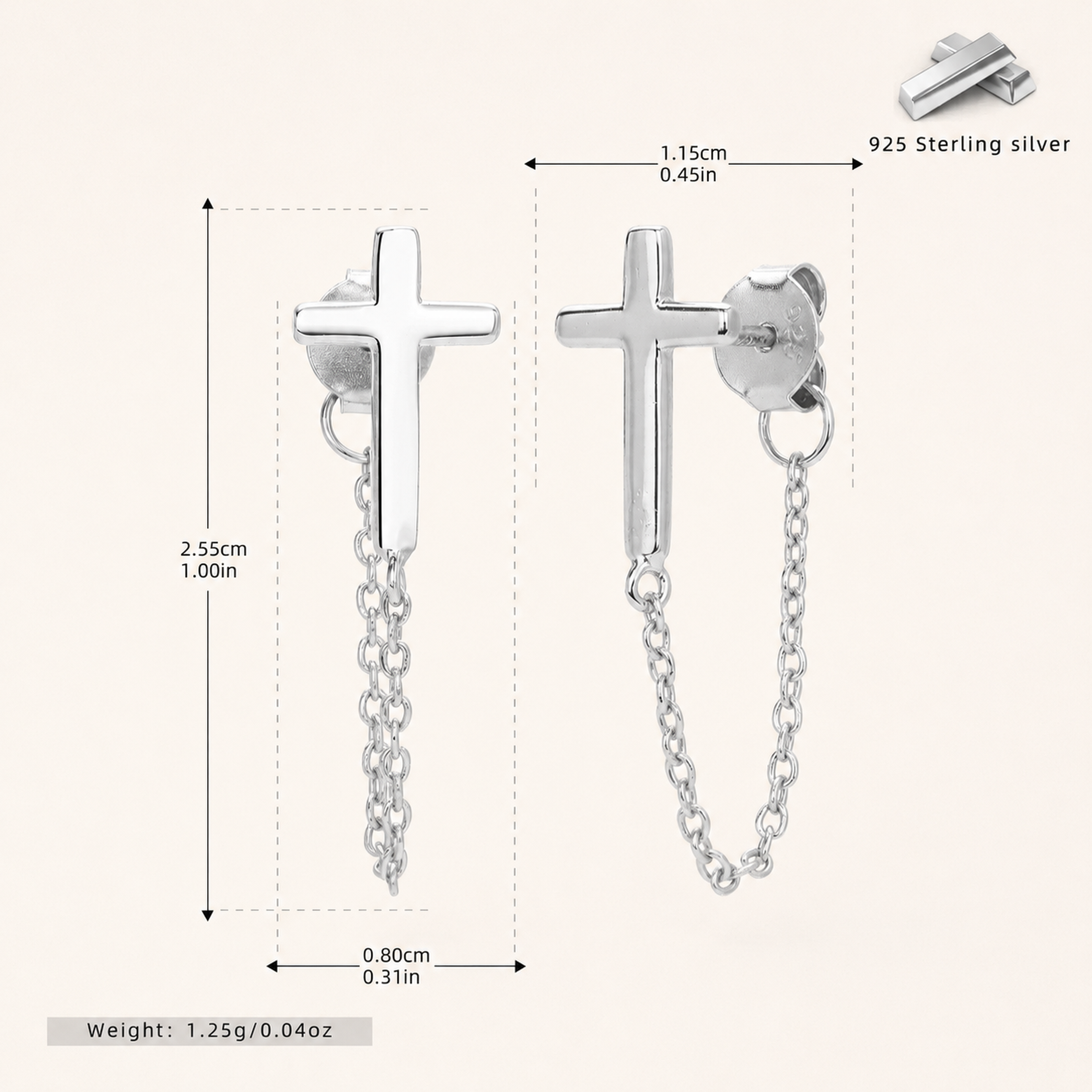 Sterling Silver Cross Chain Drop Stud Earrings - Platinum