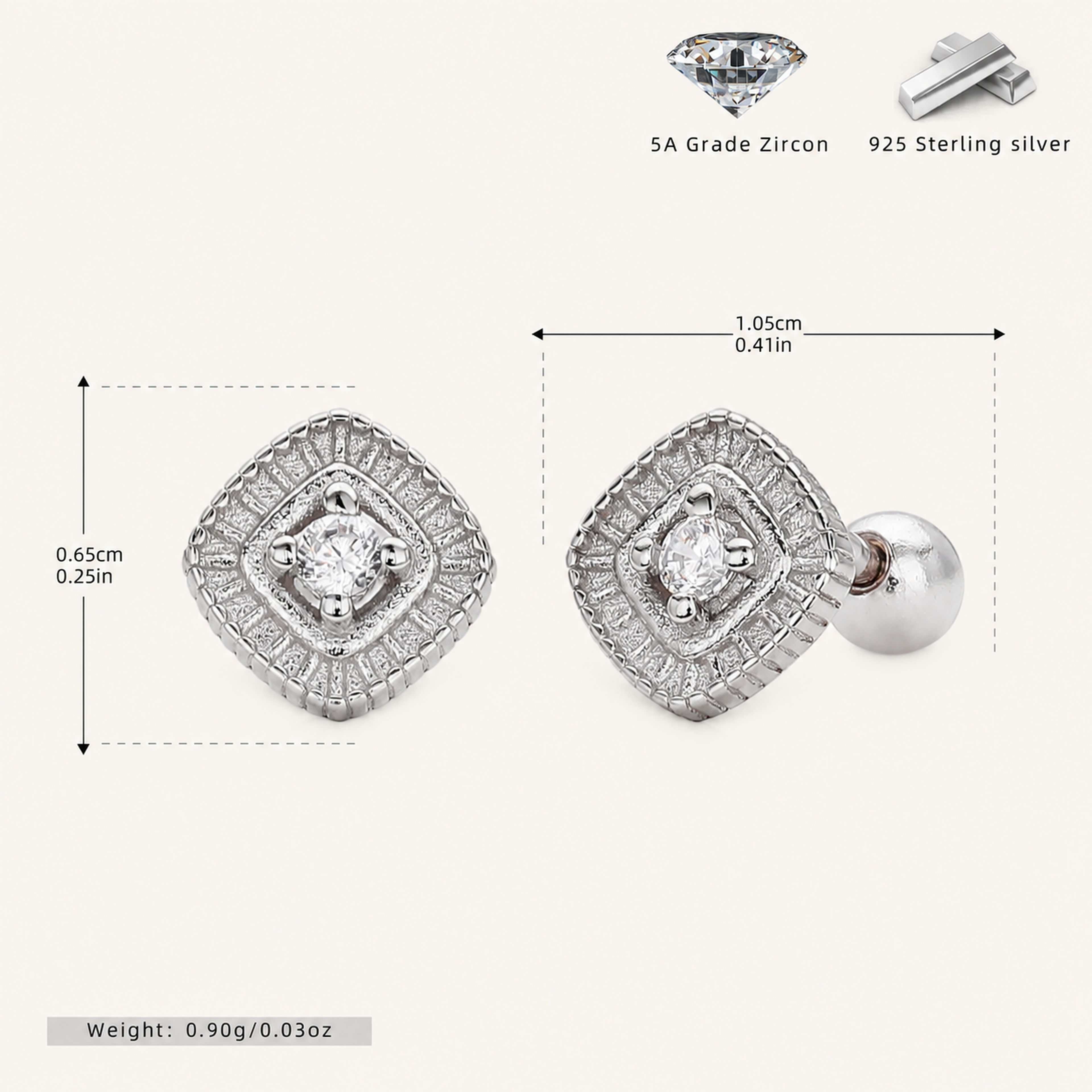Sterling Silver French Zirconia Flat Back Earrings - Platinum