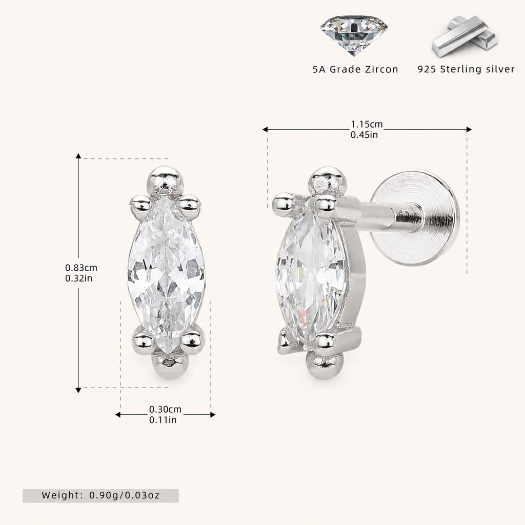 Sterling Silver Marquise Zirconia Flat Back Earrings - Platinum