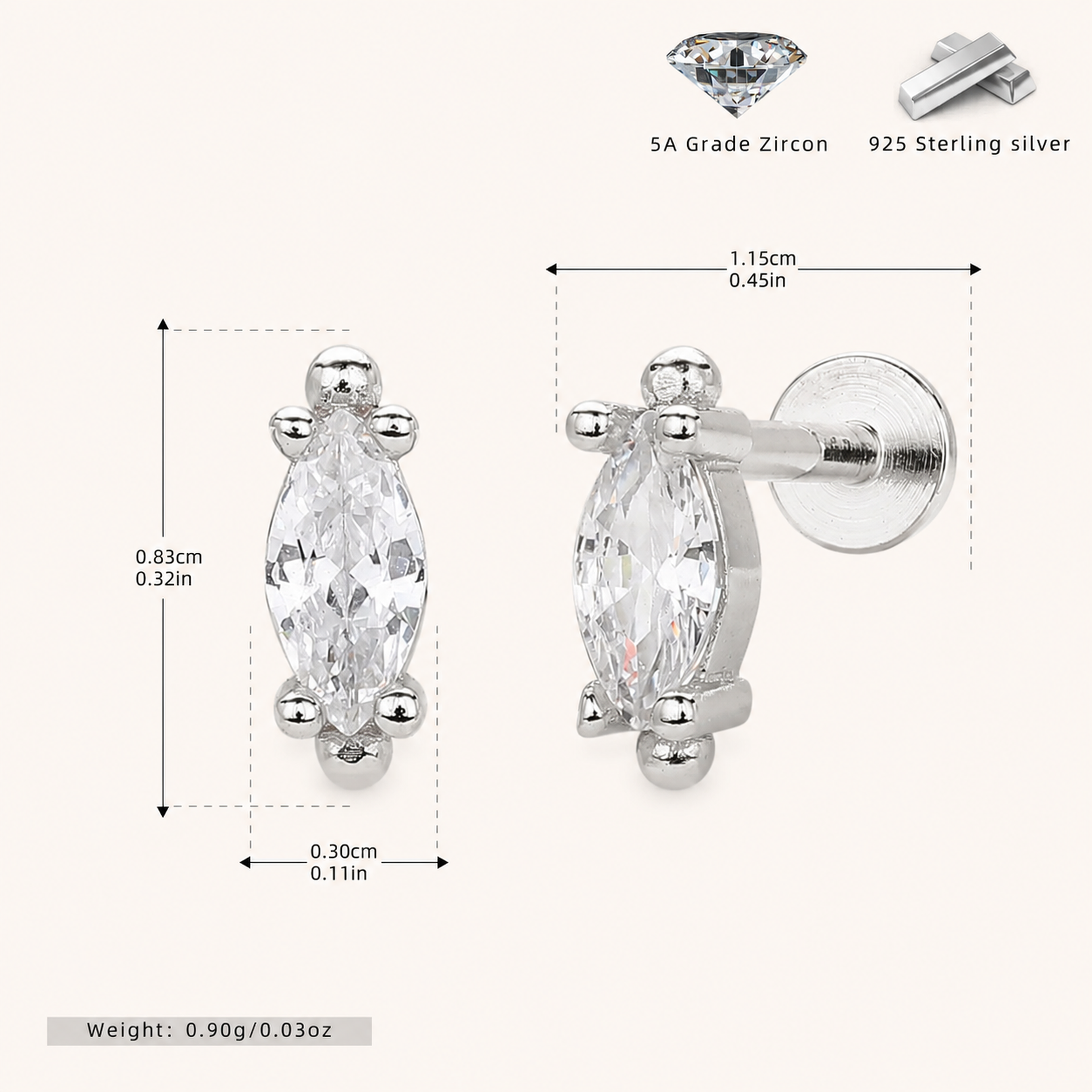 Sterling Silver Marquise Zirconia Flat Back Earrings - Platinum
